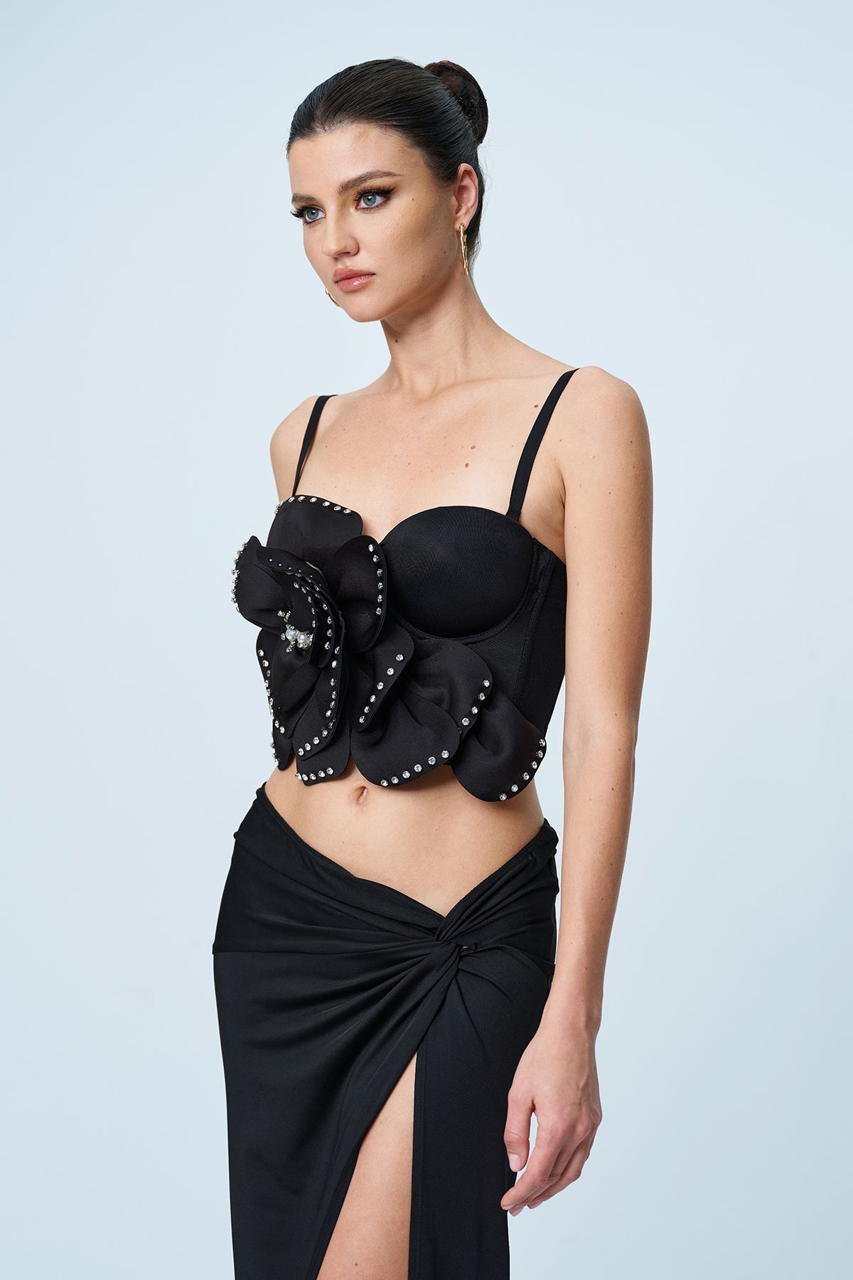 BLACK SPAGHETTI RHINESTONE TOP FLORAL PARTY WEAR