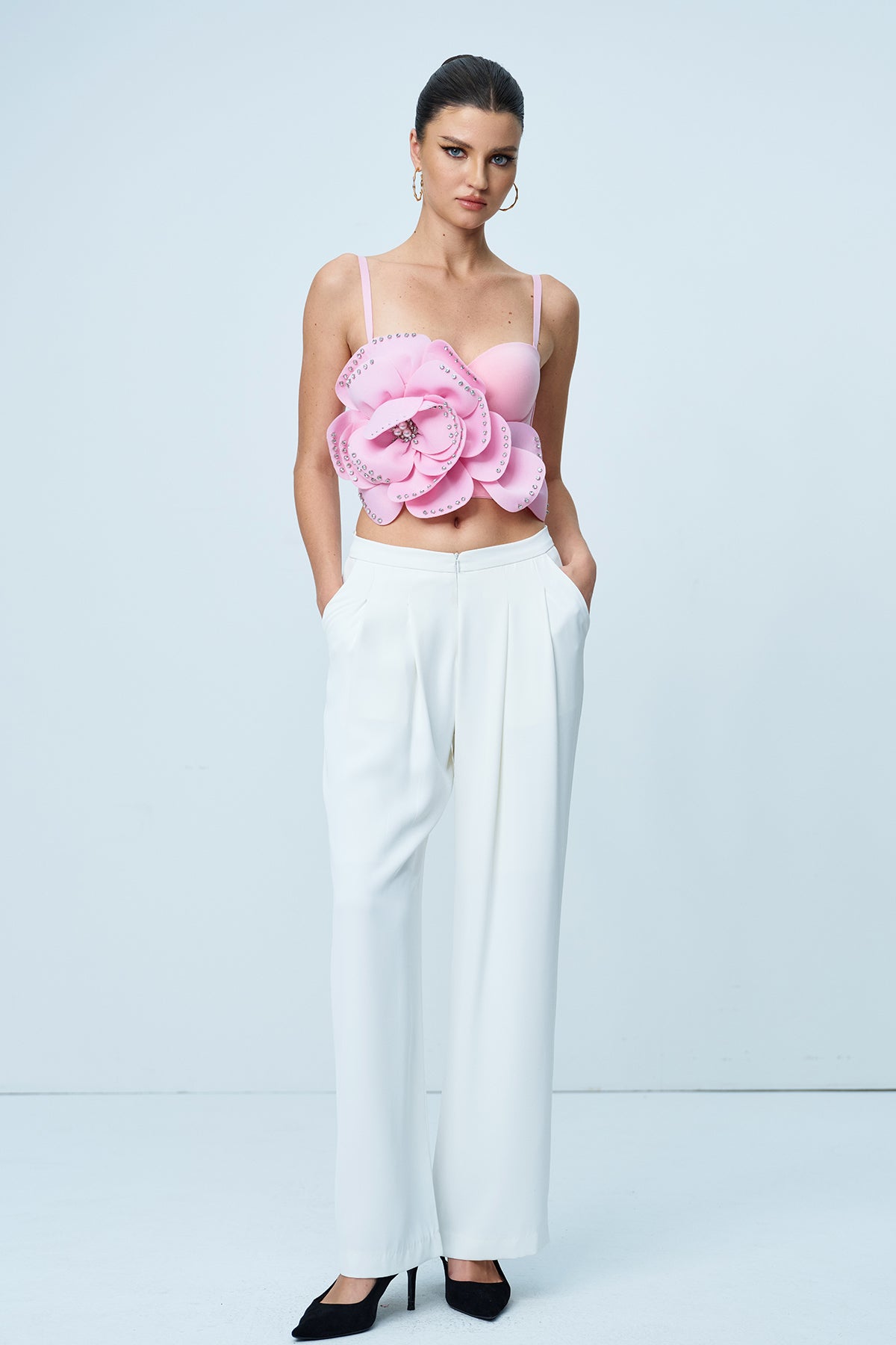 PINK SPAGHETTI RHINESTONE FLOWER TOP