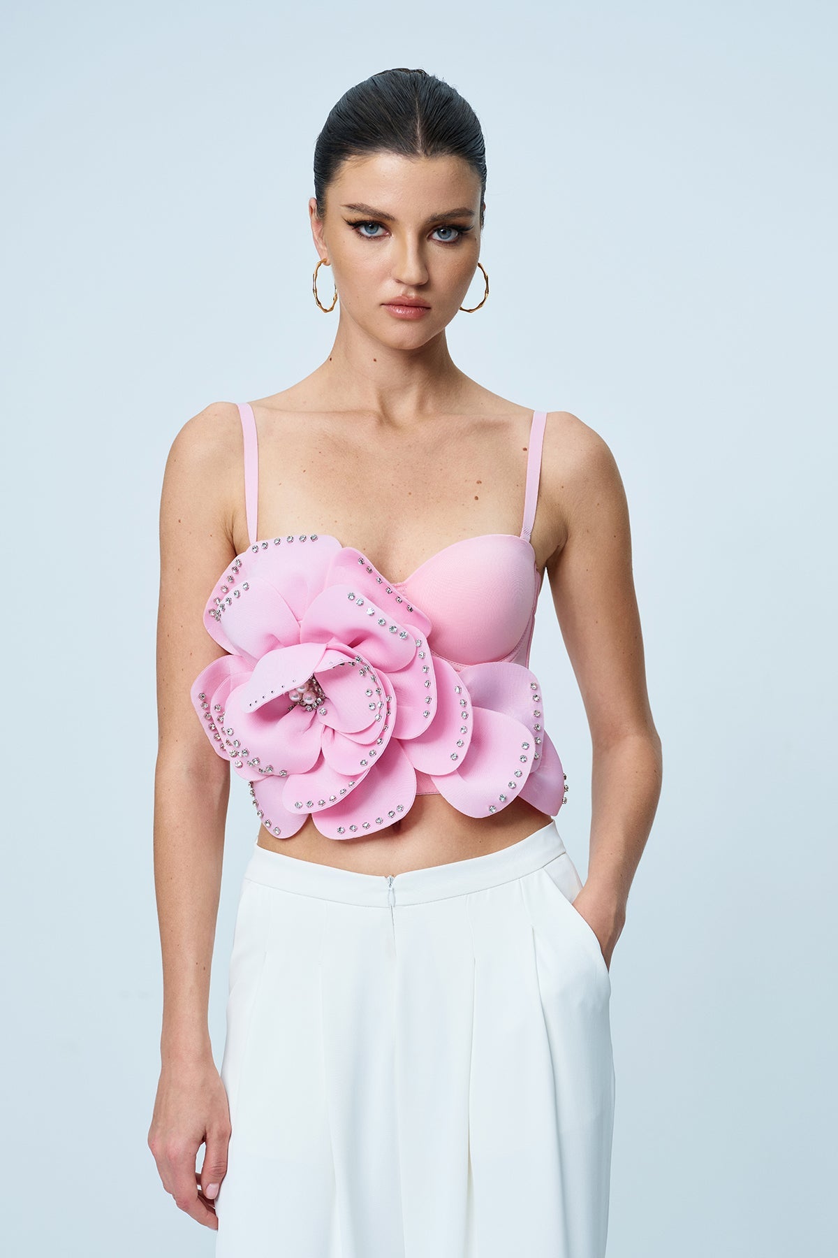 PINK SPAGHETTI RHINESTONE FLOWER TOP