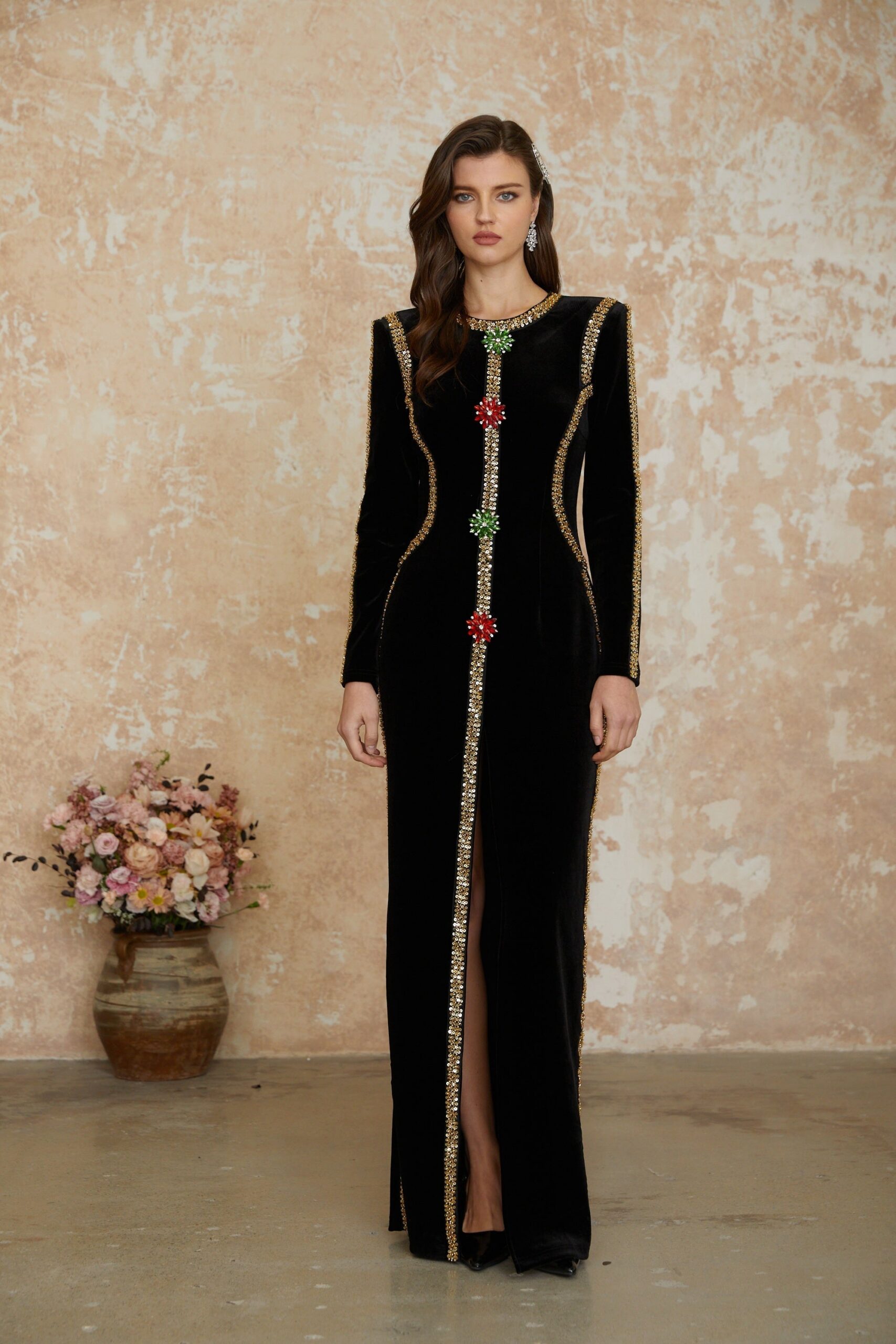 LYDIA BLACK CRYSTAL MAXI DRESS, FRONT SLIT, EVENING