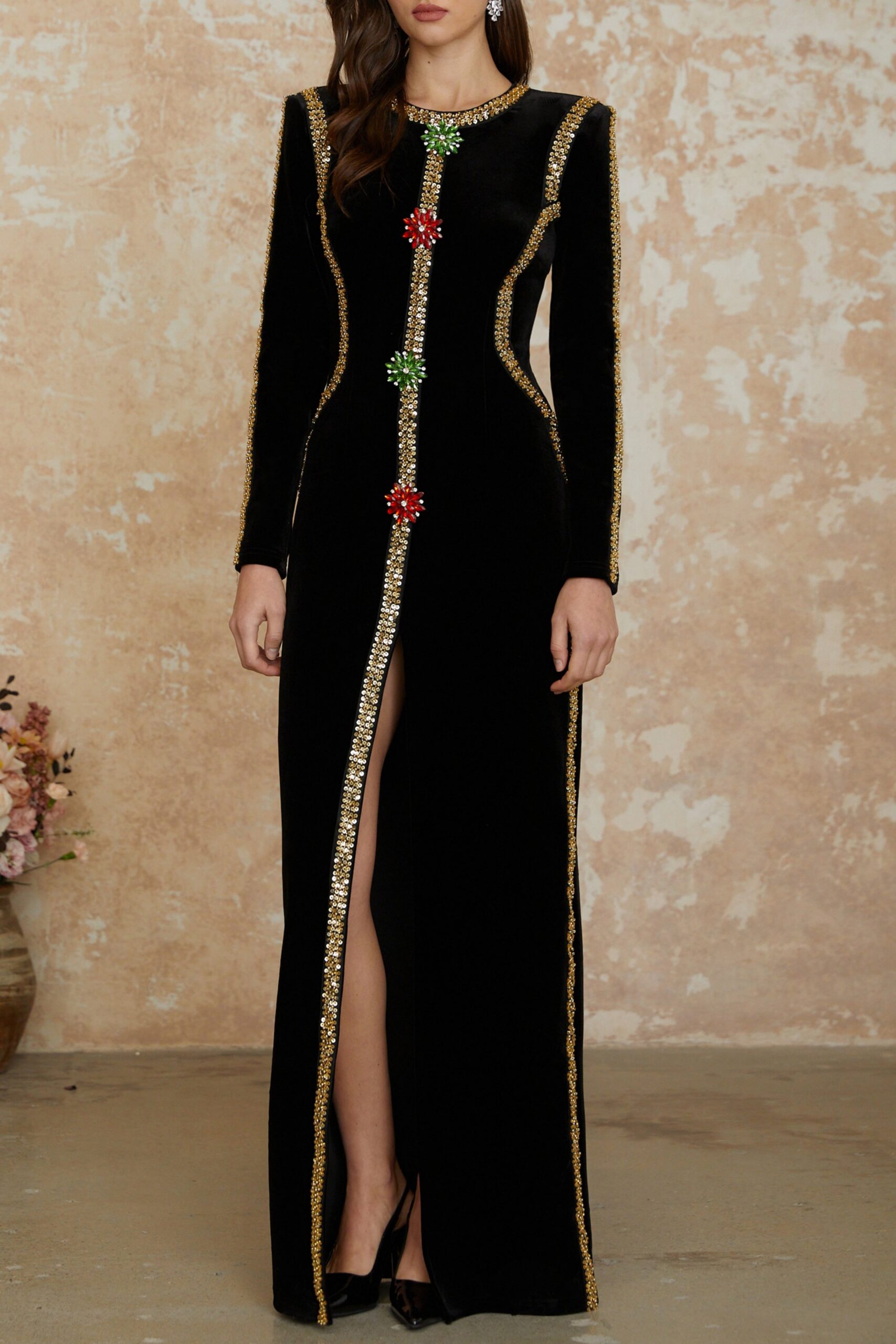 LYDIA BLACK CRYSTAL MAXI DRESS, FRONT SLIT, EVENING