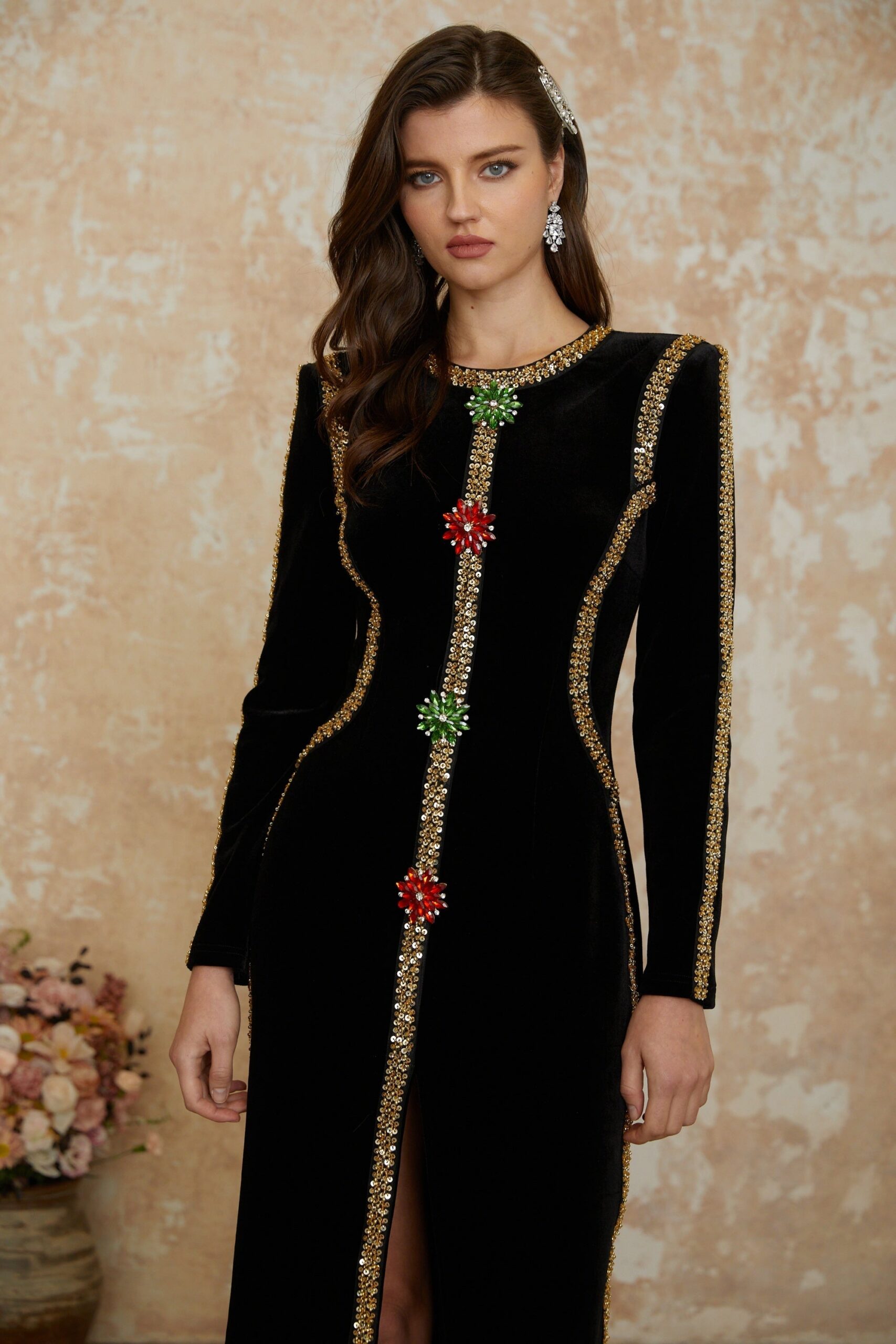 LYDIA BLACK CRYSTAL MAXI DRESS, FRONT SLIT, EVENING