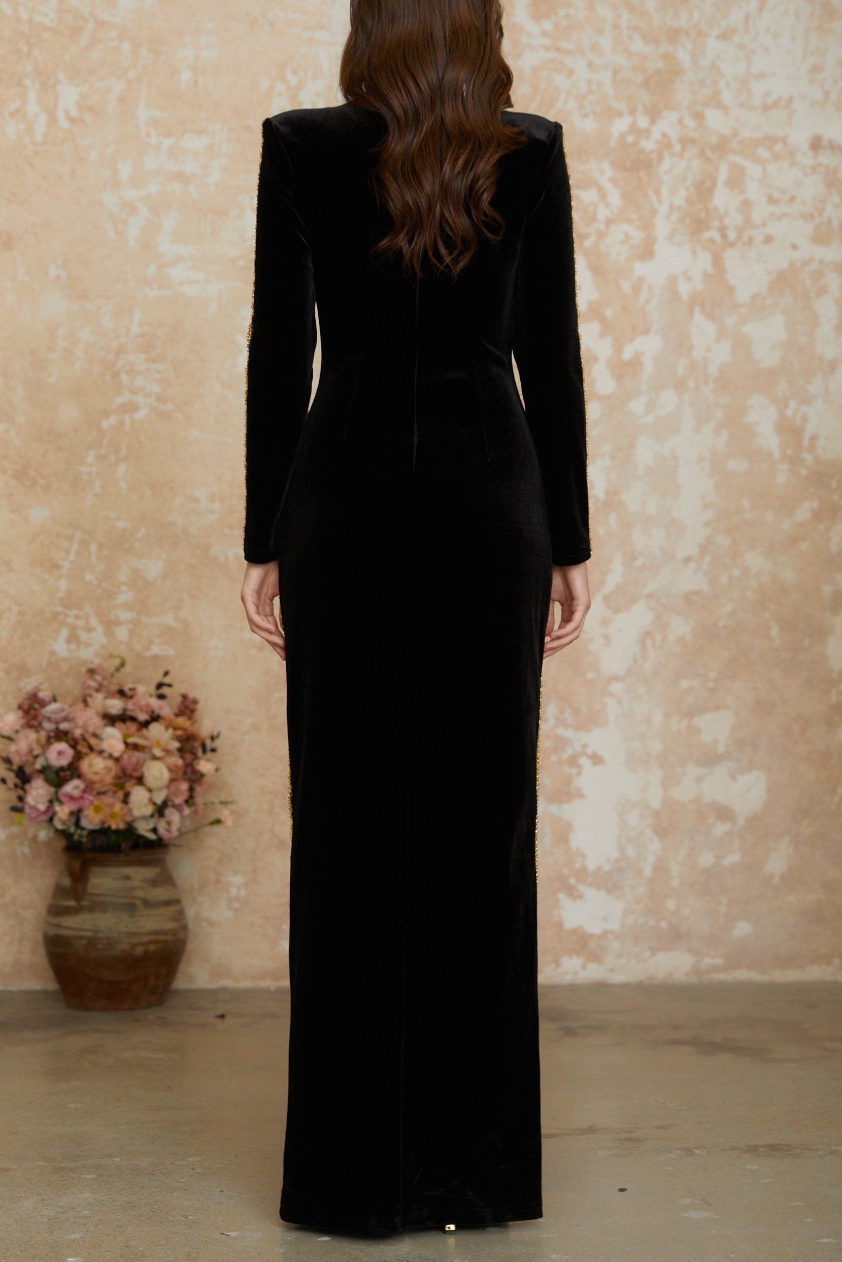 LYDIA BLACK CRYSTAL MAXI DRESS, FRONT SLIT, EVENING