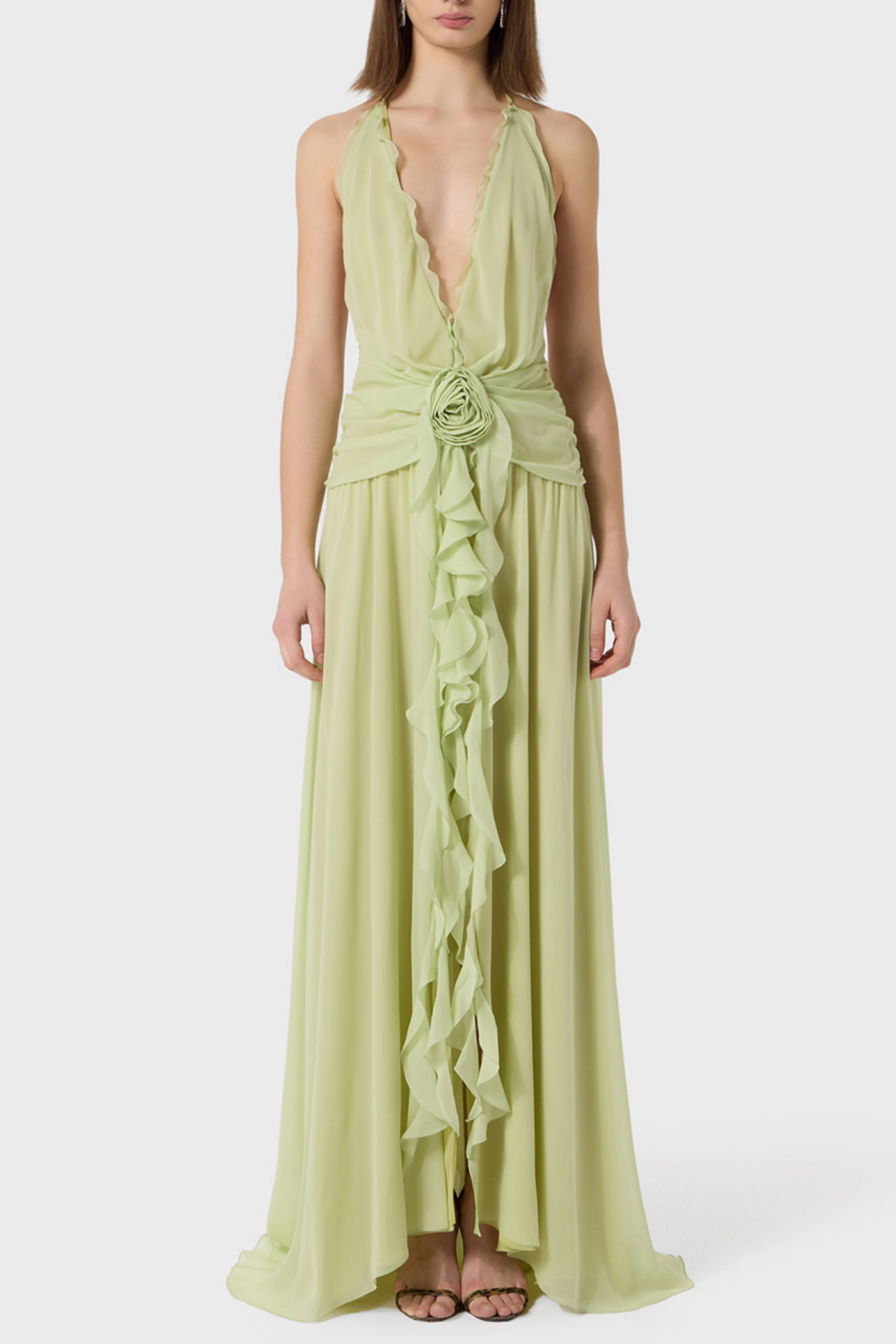 AONAVER GREEN FLORAL HALTER RUFFLE MAXI DRESS