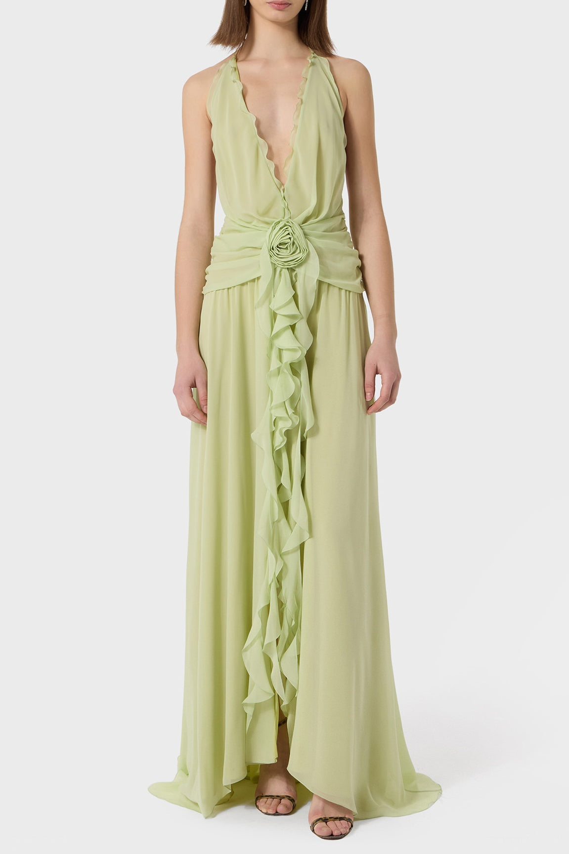 AONAVER GREEN FLORAL HALTER RUFFLE MAXI DRESS