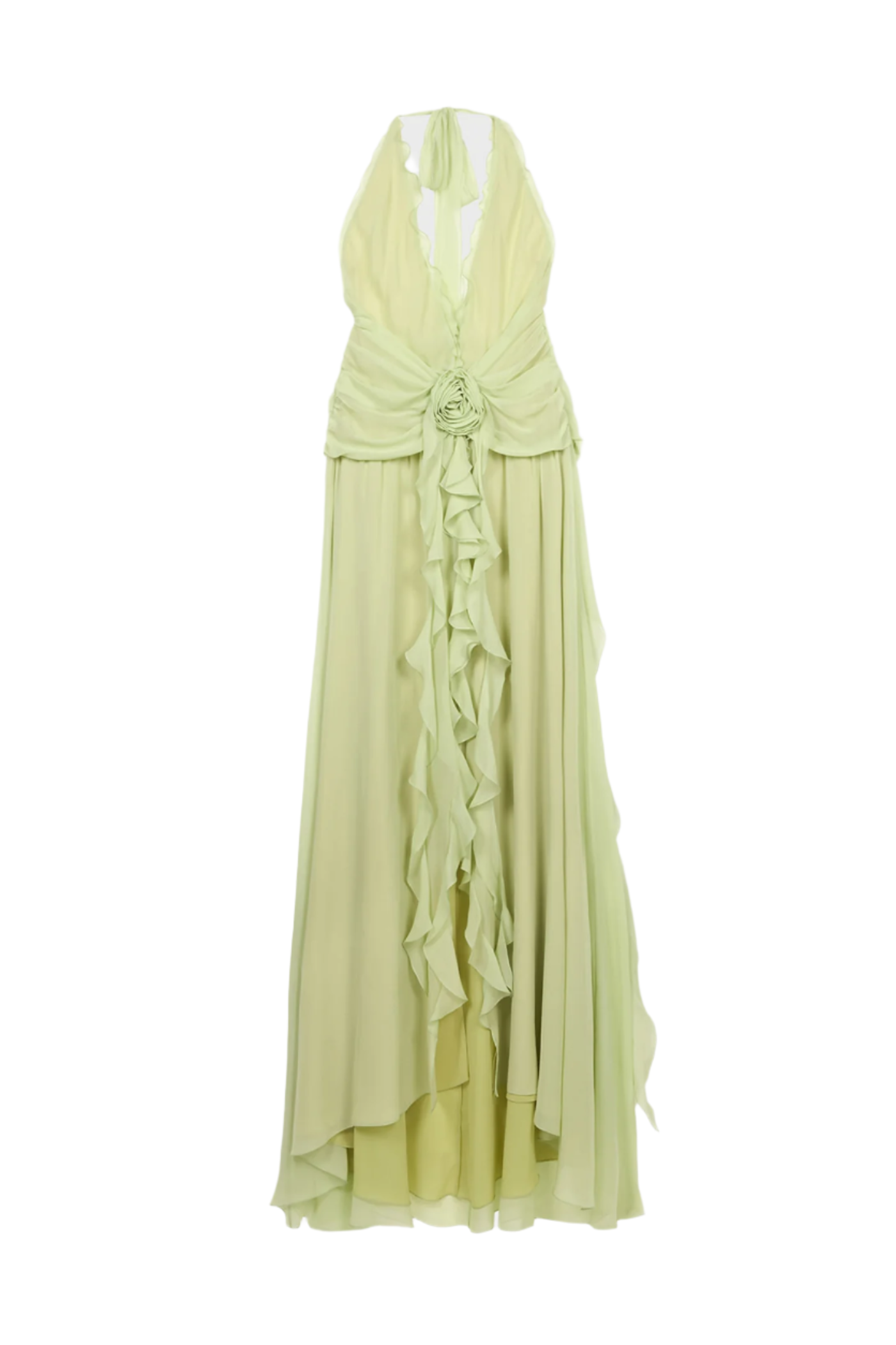AONAVER GREEN FLORAL HALTER RUFFLE MAXI DRESS