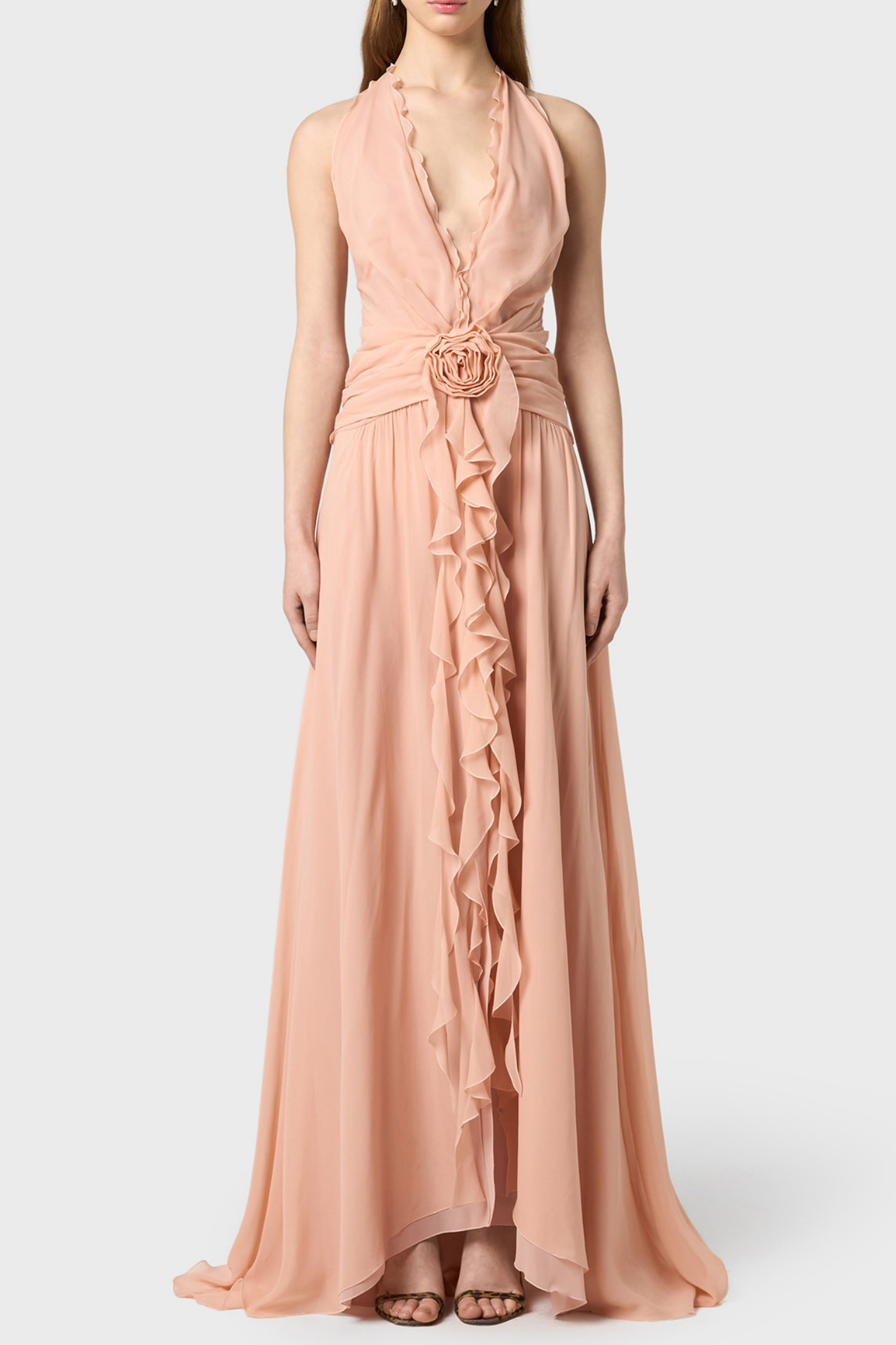 AONAVER PINK FLORAL RUFFLE HALTER MAXI DRESS