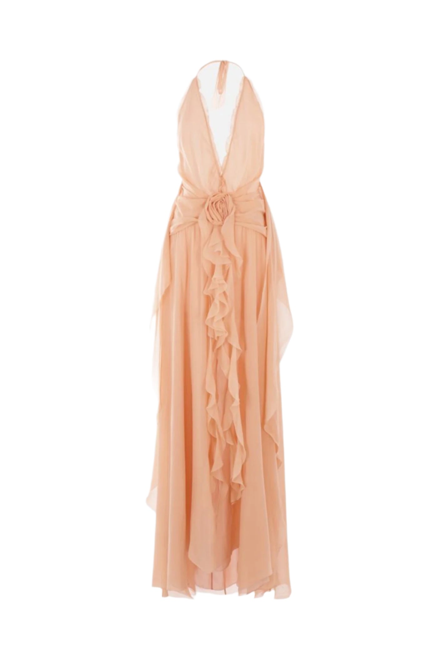 AONAVER PINK FLORAL RUFFLE HALTER MAXI DRESS