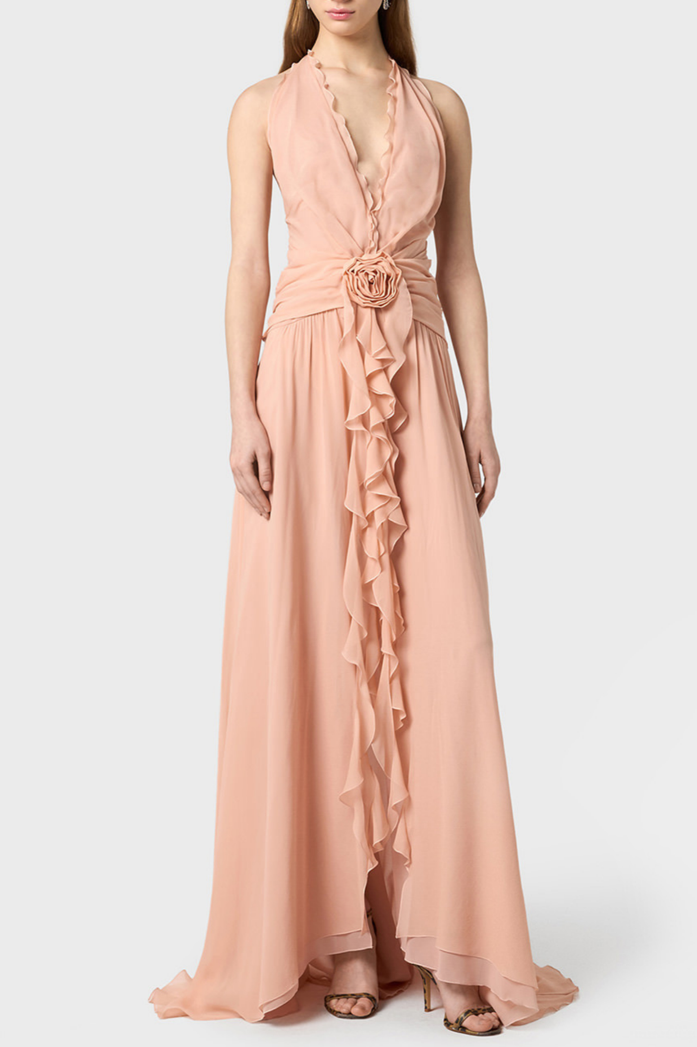 AONAVER PINK FLORAL RUFFLE HALTER MAXI DRESS