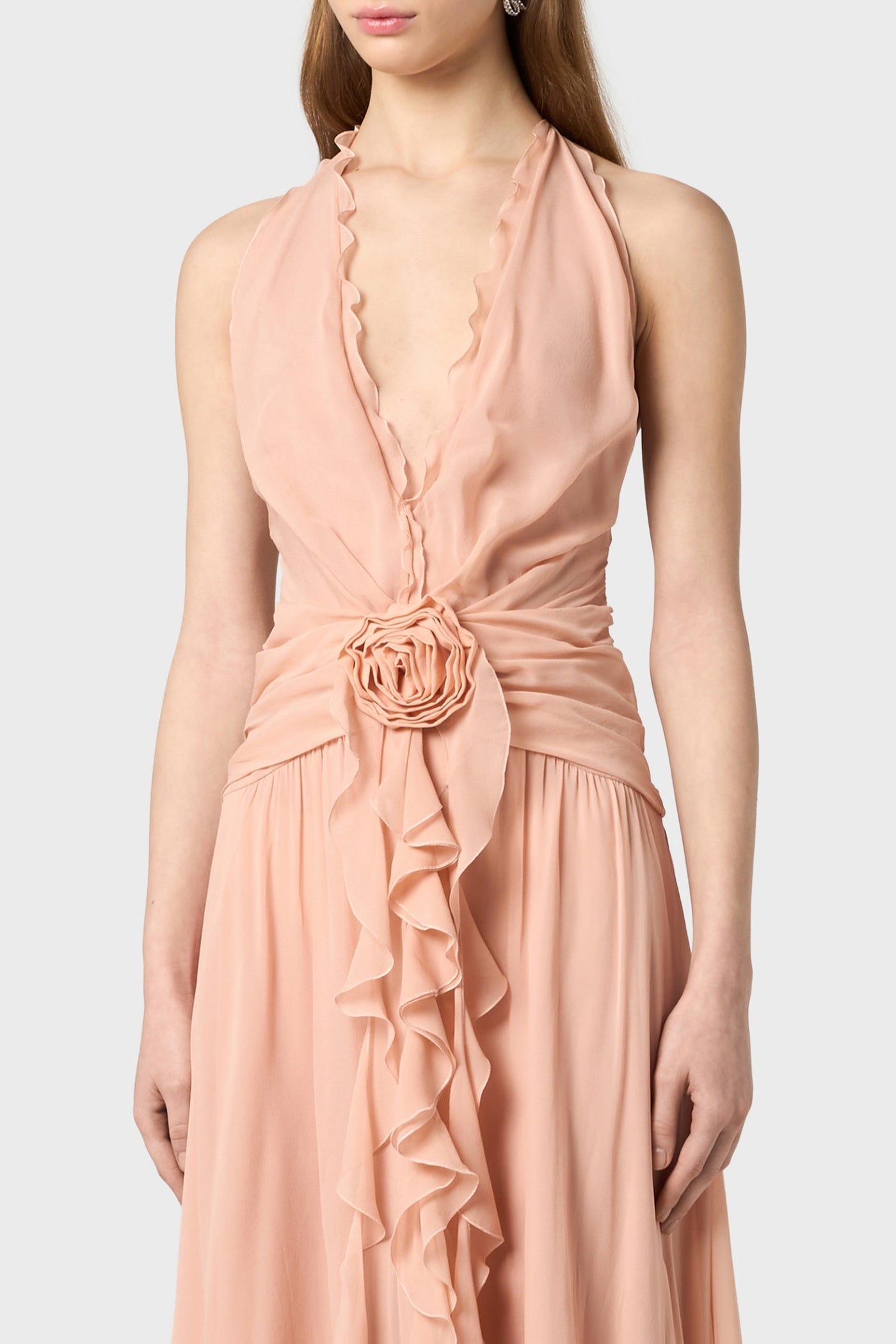 AONAVER PINK FLORAL RUFFLE HALTER MAXI DRESS