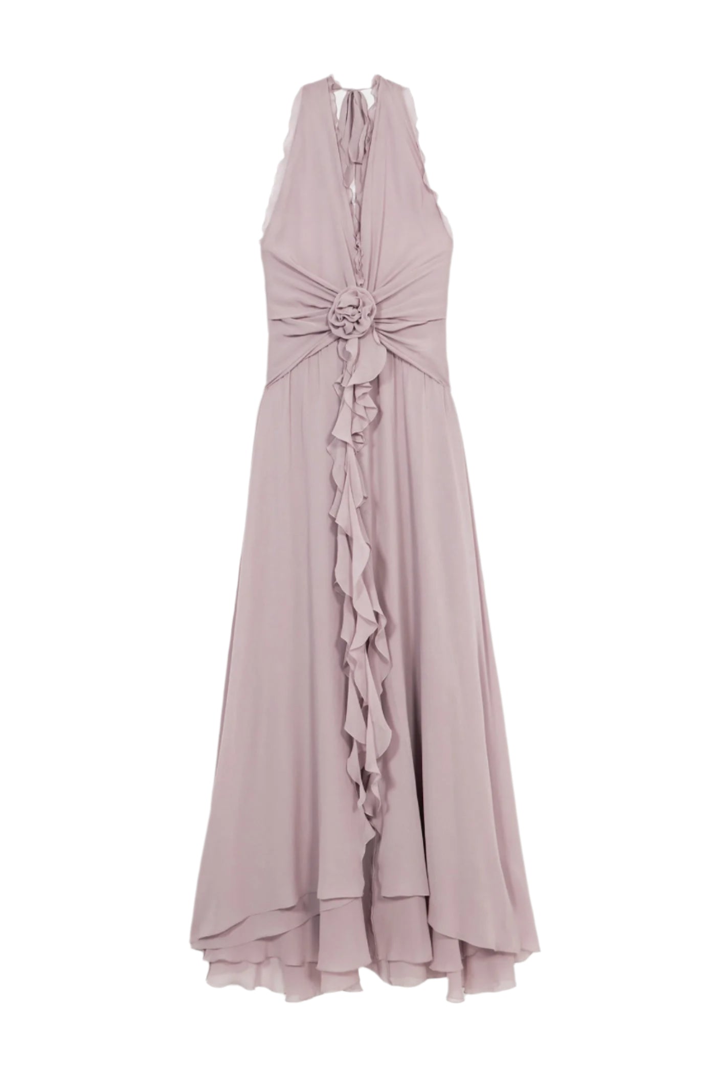 AONAVER PURPLE FLORAL RUFFLE HALTER MAXI DRESS