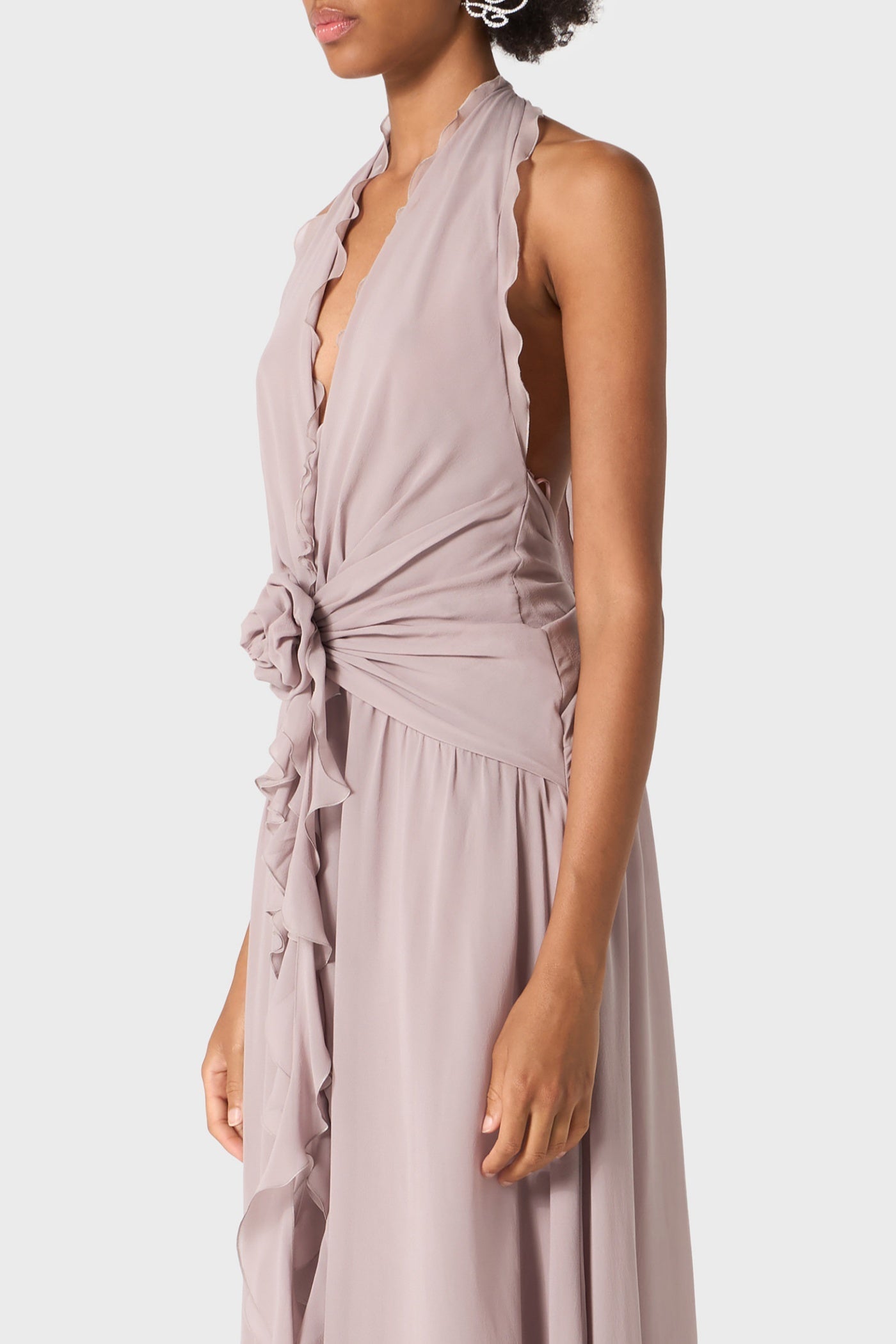 AONAVER PURPLE FLORAL RUFFLE HALTER MAXI DRESS