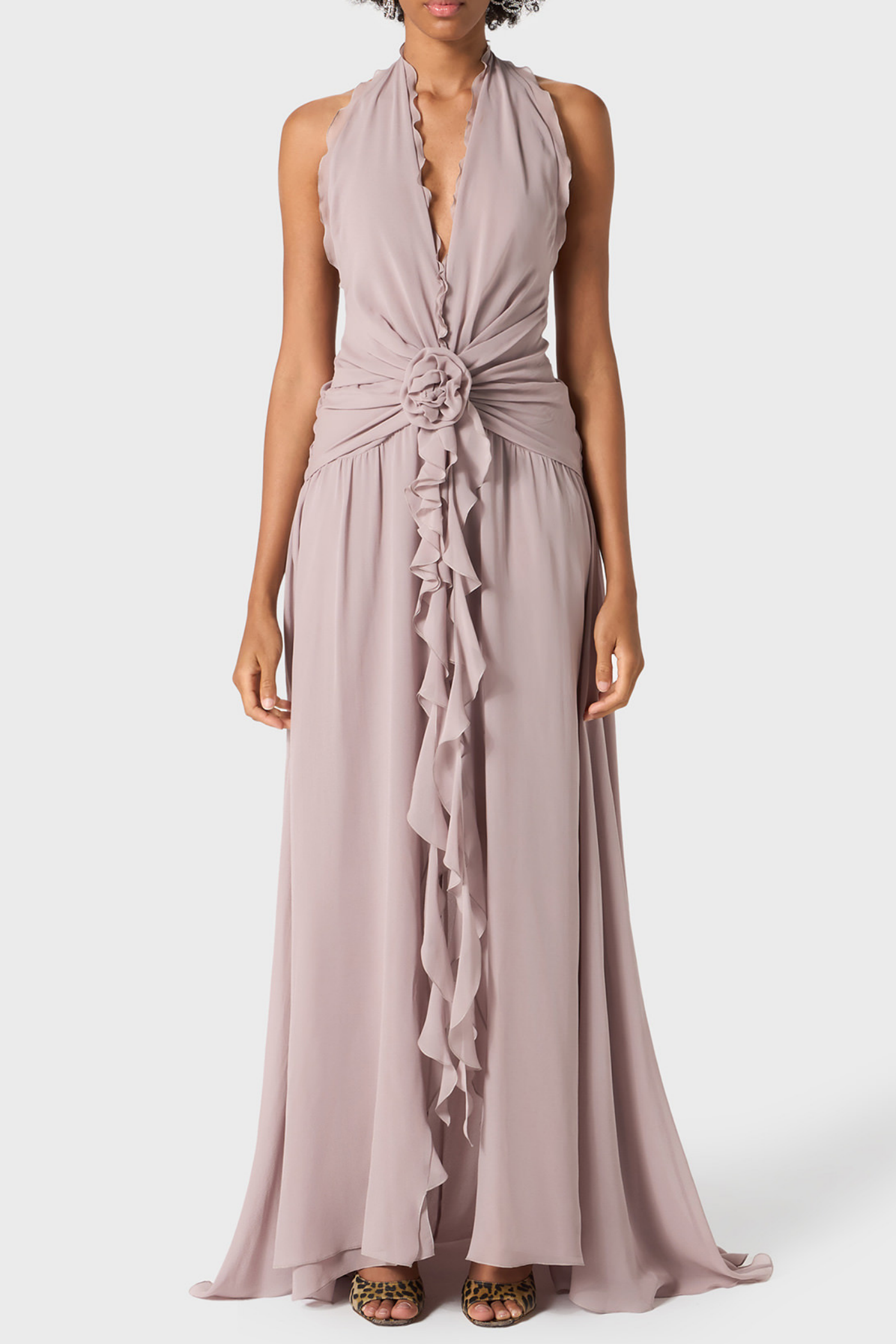 AONAVER PURPLE FLORAL RUFFLE HALTER MAXI DRESS