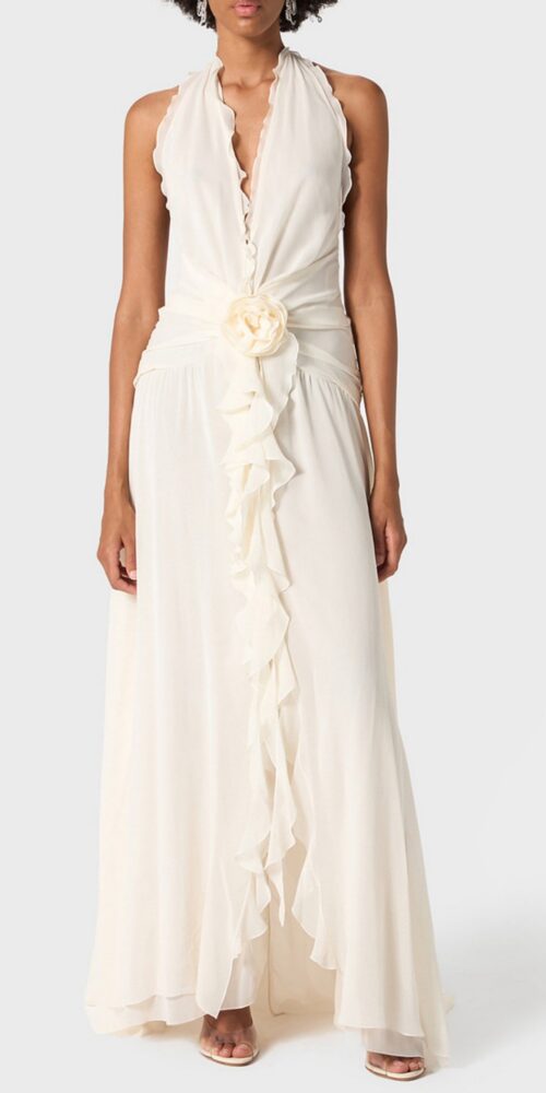 Aonaver Floral Ruffle Halter Maxi Dress - White Aonaver Floral Ruffle Halter Maxi Dress - White