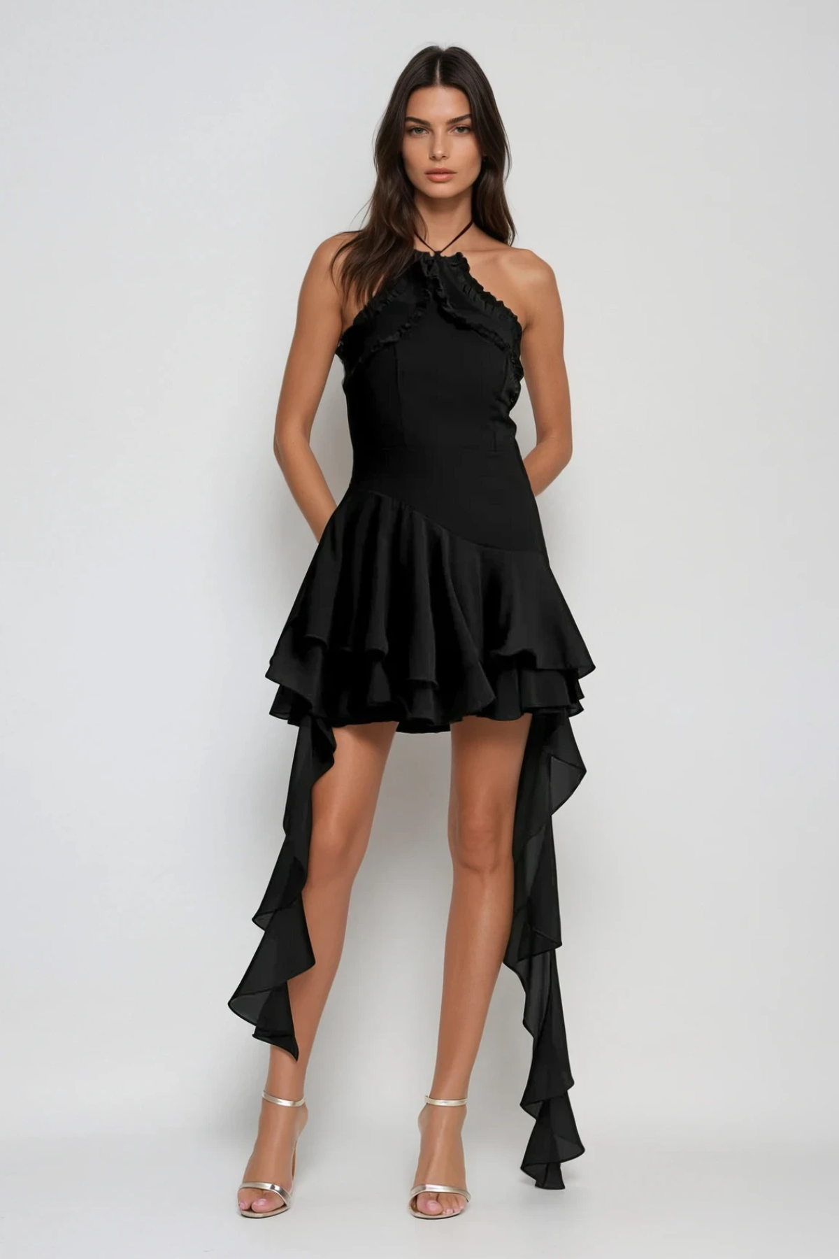 ARACELY HALTER MESH RUFFLE FRINGE MINI DRESS BLACK