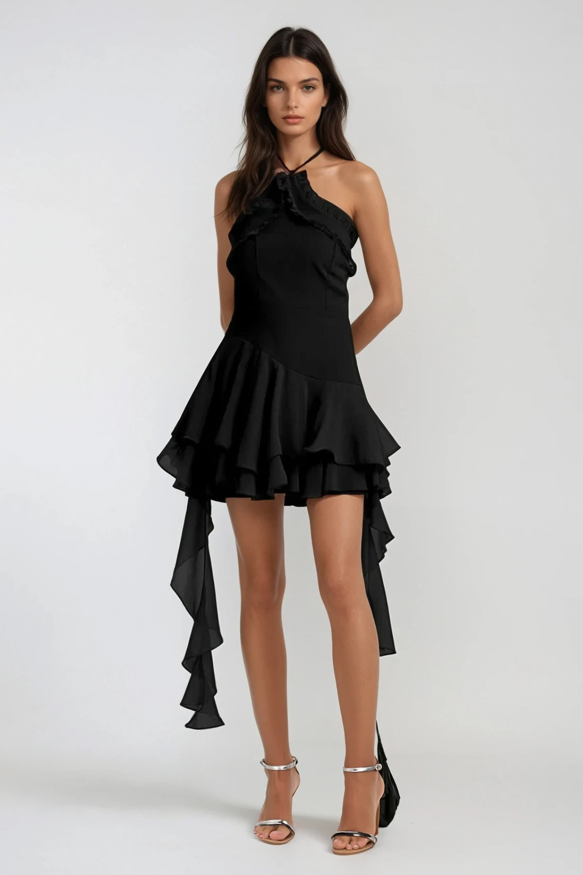 ARACELY HALTER MESH RUFFLE FRINGE MINI DRESS BLACK