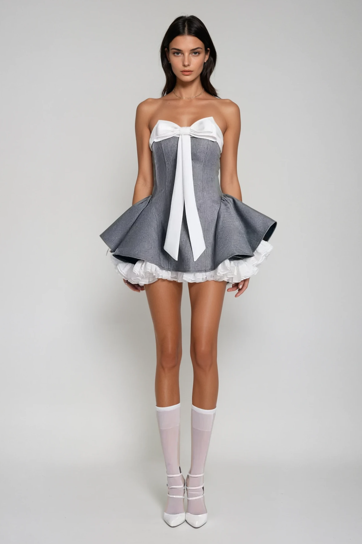 ARAFA BOW LACE RUFFLE STRAPLESS MINI DRESS