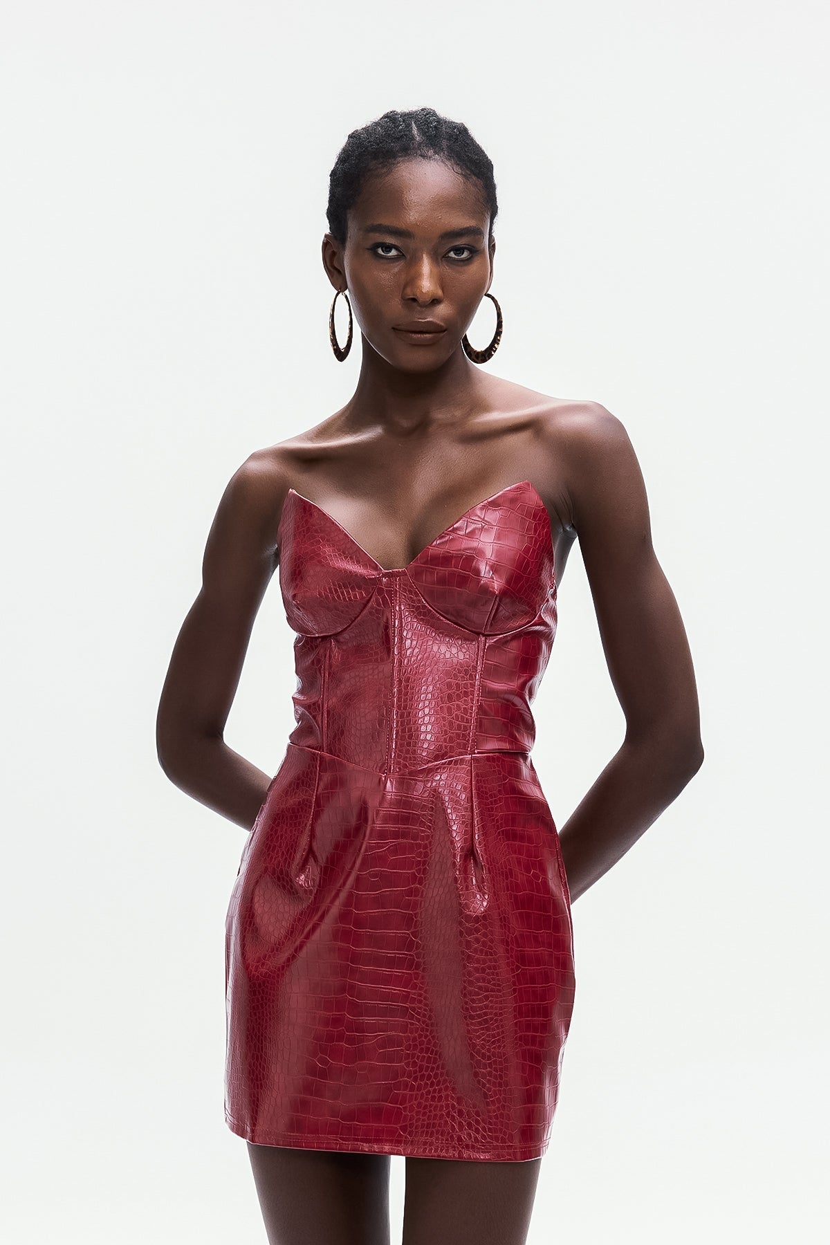 JANICE CROCODILE STRAPLESS LEATHER MINI DRESS