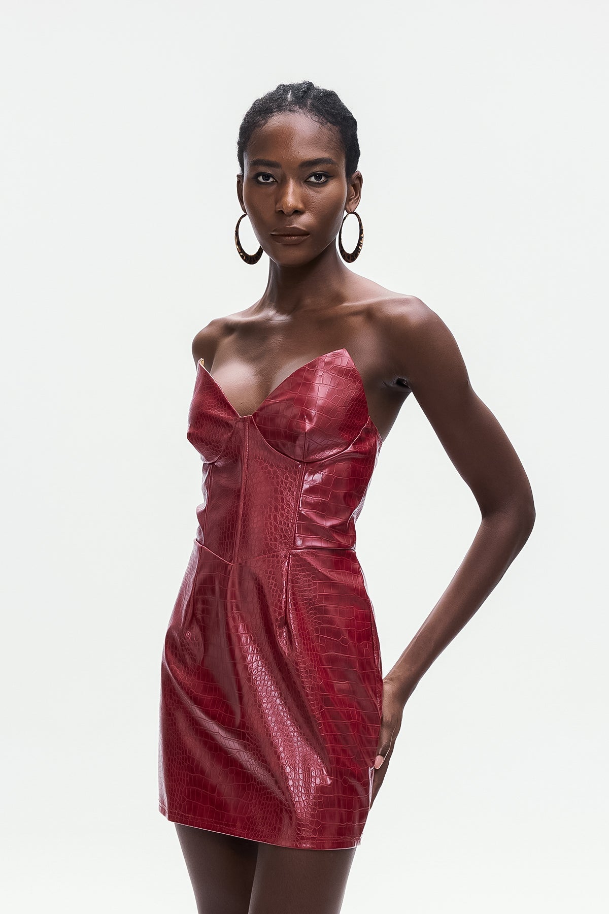 JANICE CROCODILE STRAPLESS LEATHER MINI DRESS