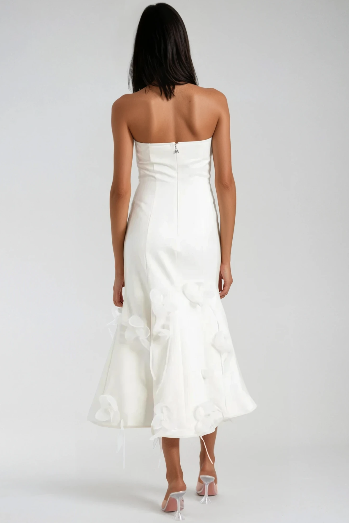 AREN STRAPLESS FLOWER MIDI DRESS, RUFFLE WEDDING GUEST