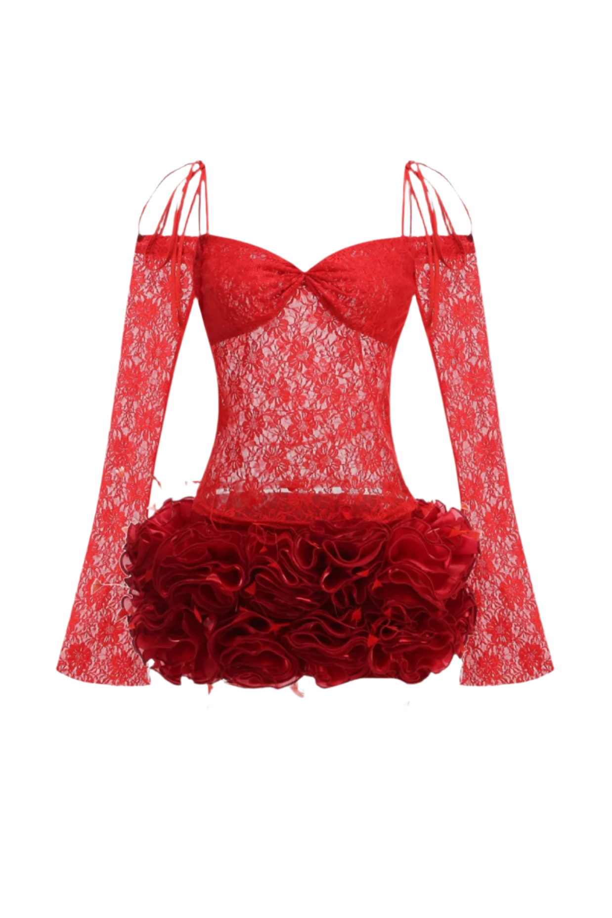 LACE FLORAL APPLIQUÉ TWO PIECE SET RED