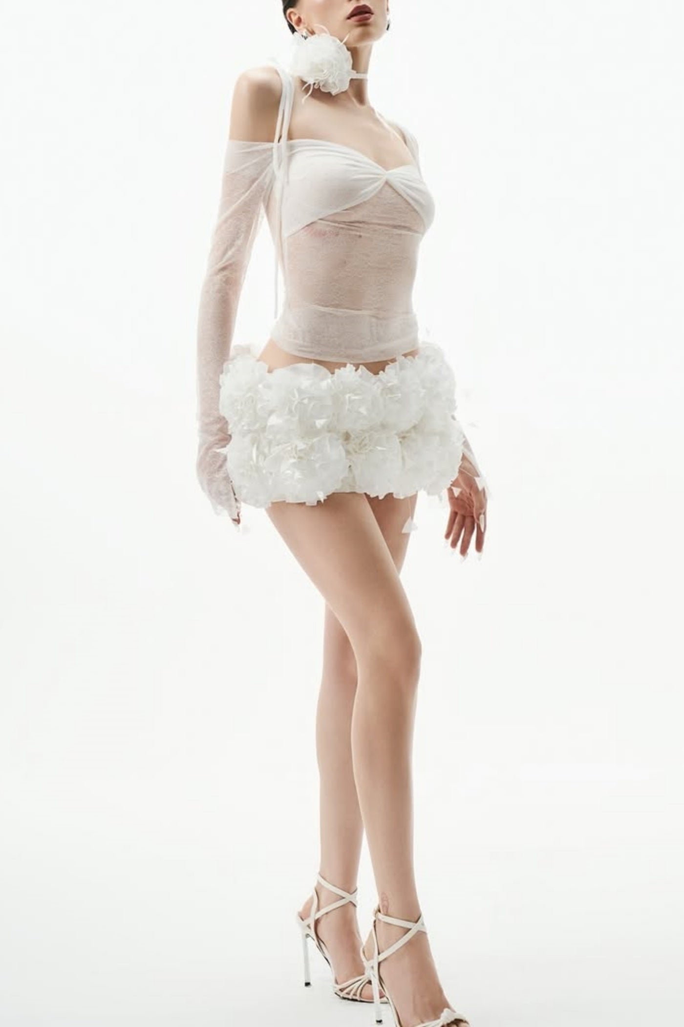 LACE FLORAL APPLIQUE TWO PIECE SET WHITE