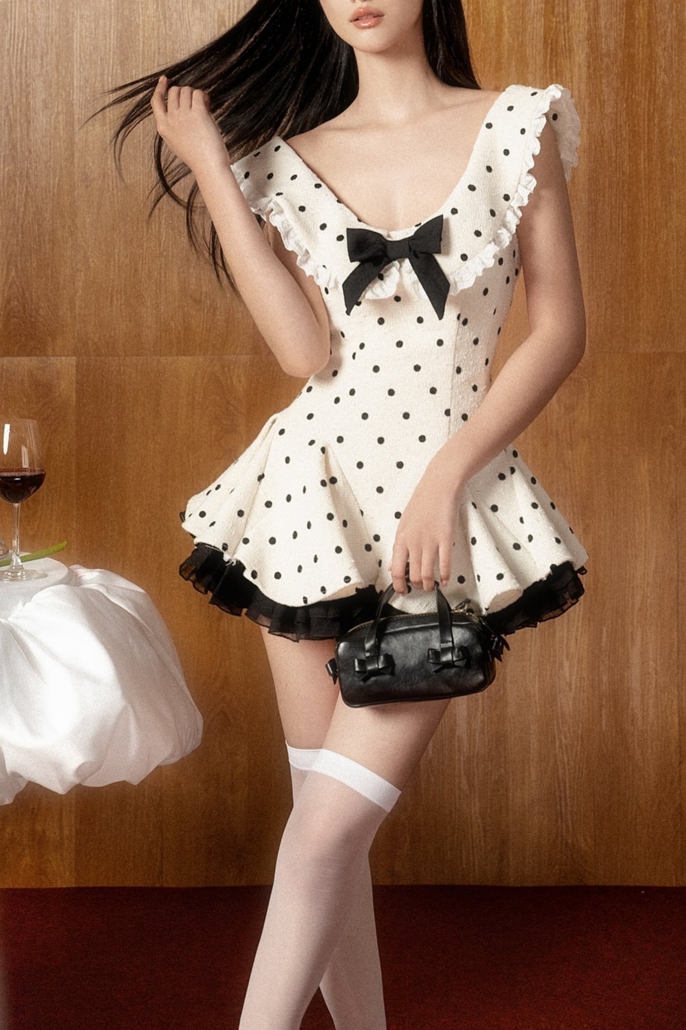 ARLO DOT BOW LACE RUFFLE MINI DRESS