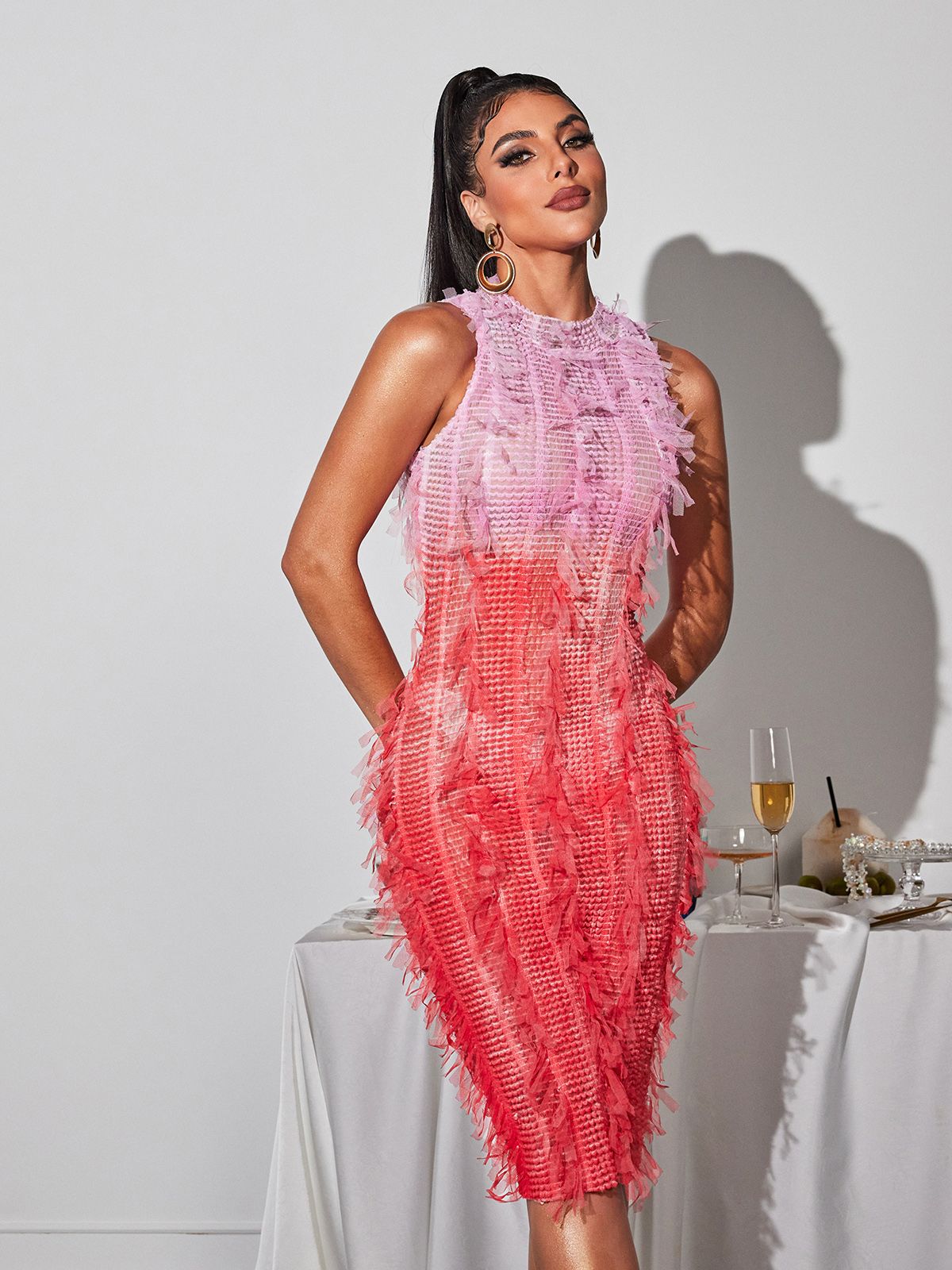 ARLO PINK OMBRE FRINGE MIDI DRESS FOR PARTY