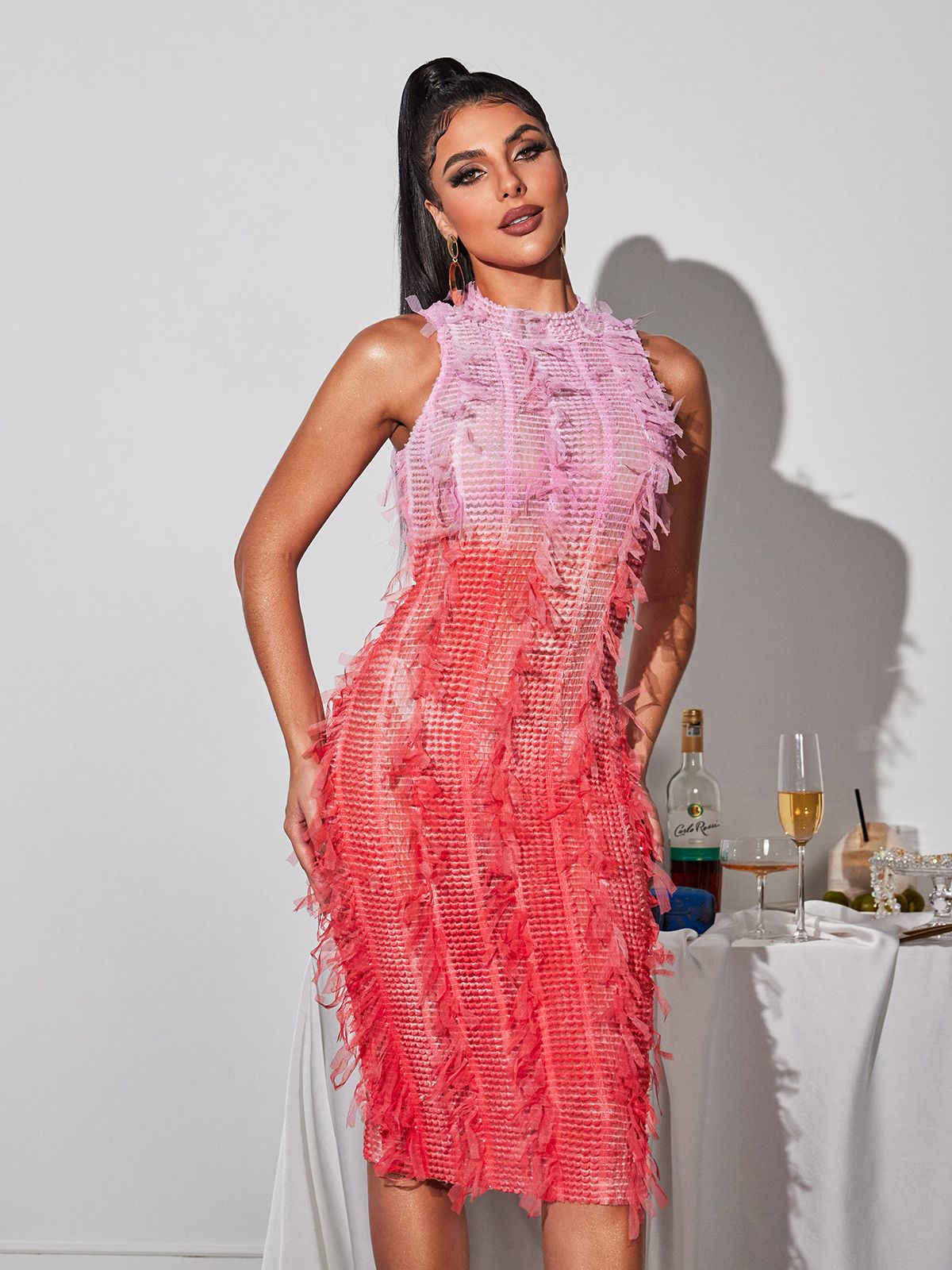 ArloOmbreFringeMidiDressInPink_3 ARLO PINK OMBRE FRINGE MIDI DRESS FOR PARTY