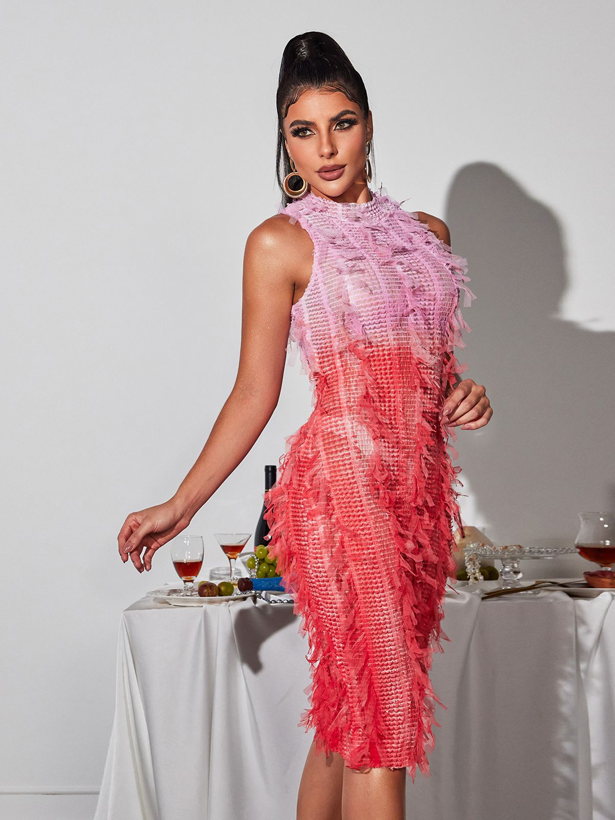 ARLO PINK OMBRE FRINGE MIDI DRESS FOR PARTY