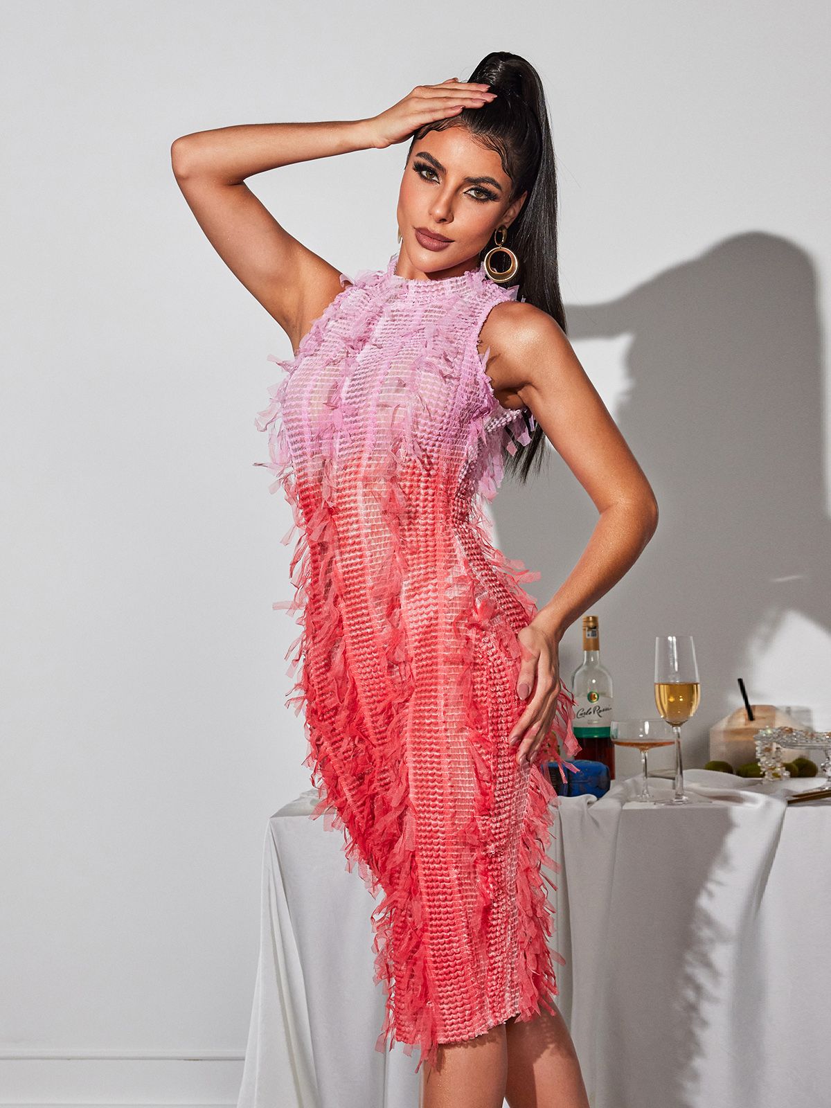 ARLO PINK OMBRE FRINGE MIDI DRESS FOR PARTY