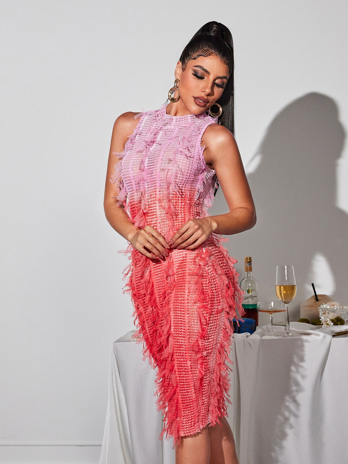 ARLO PINK OMBRE FRINGE MIDI DRESS FOR PARTY