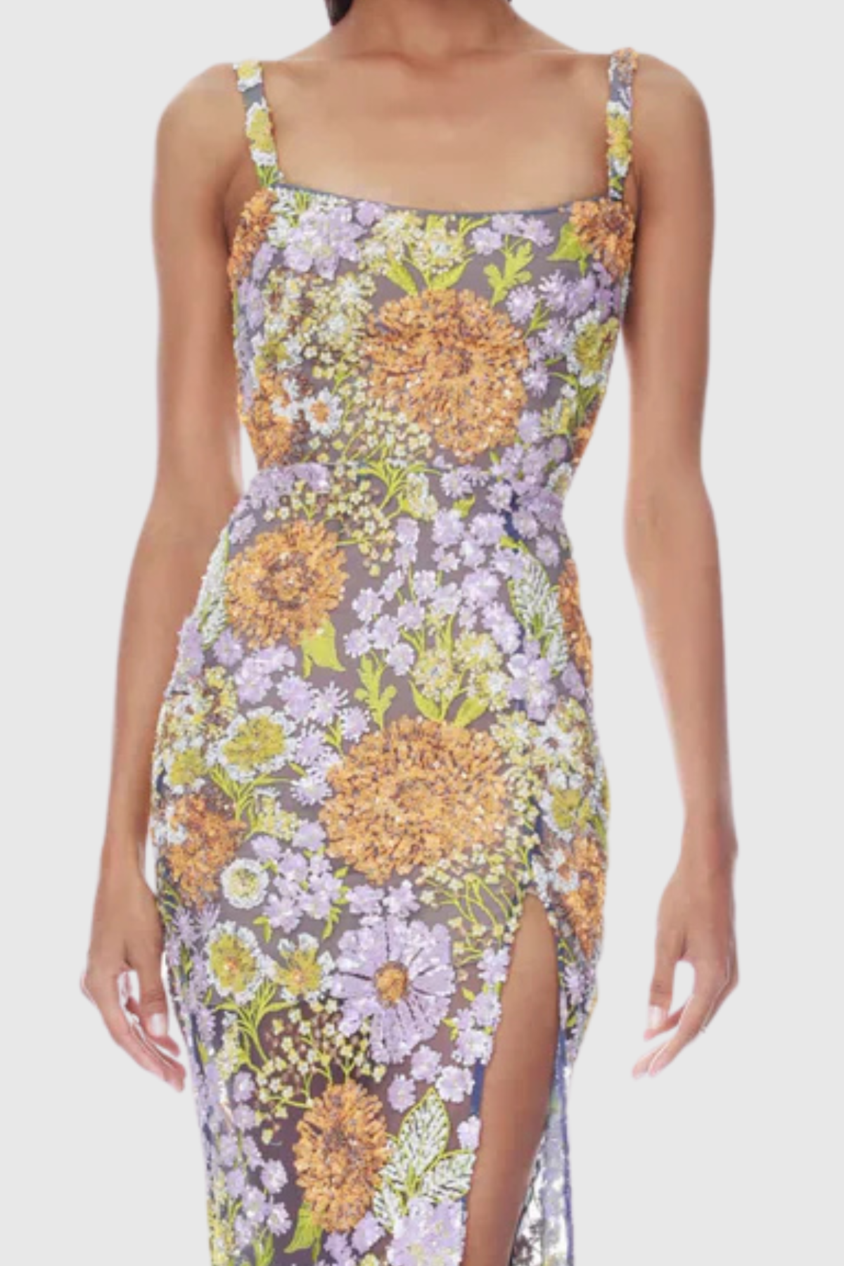 ARMIDA FLORAL SEQUIN SLIT MAXI DRESS