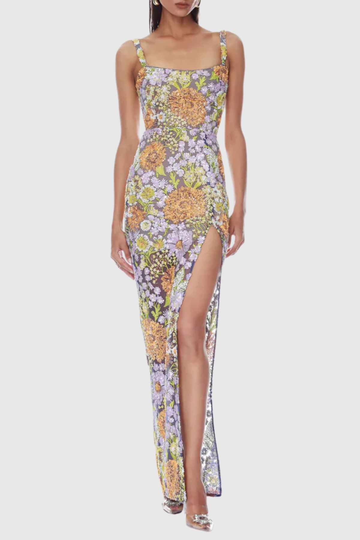 ARMIDA FLORAL SEQUIN SLIT MAXI DRESS