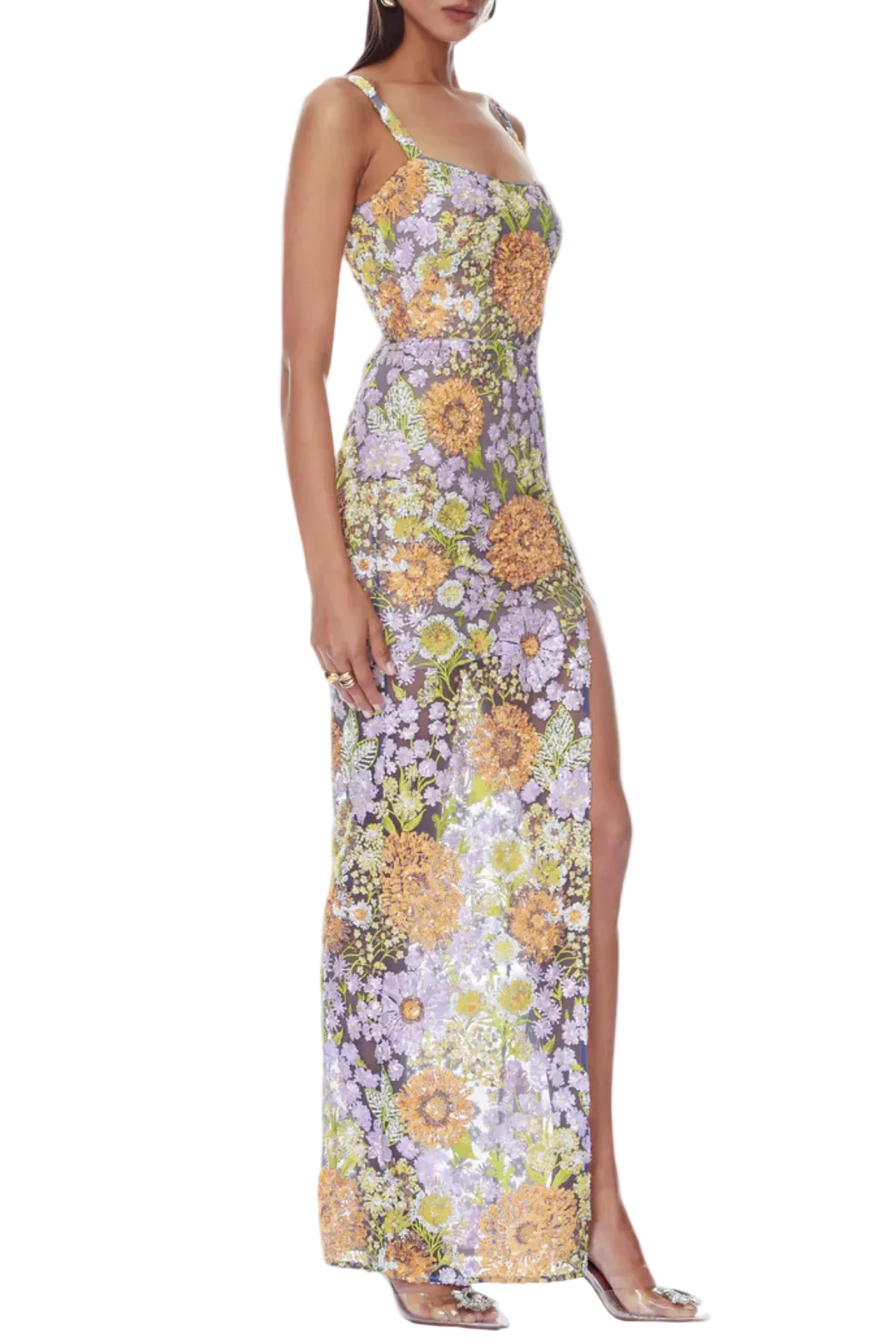 ARMIDA FLORAL SEQUIN SLIT MAXI DRESS