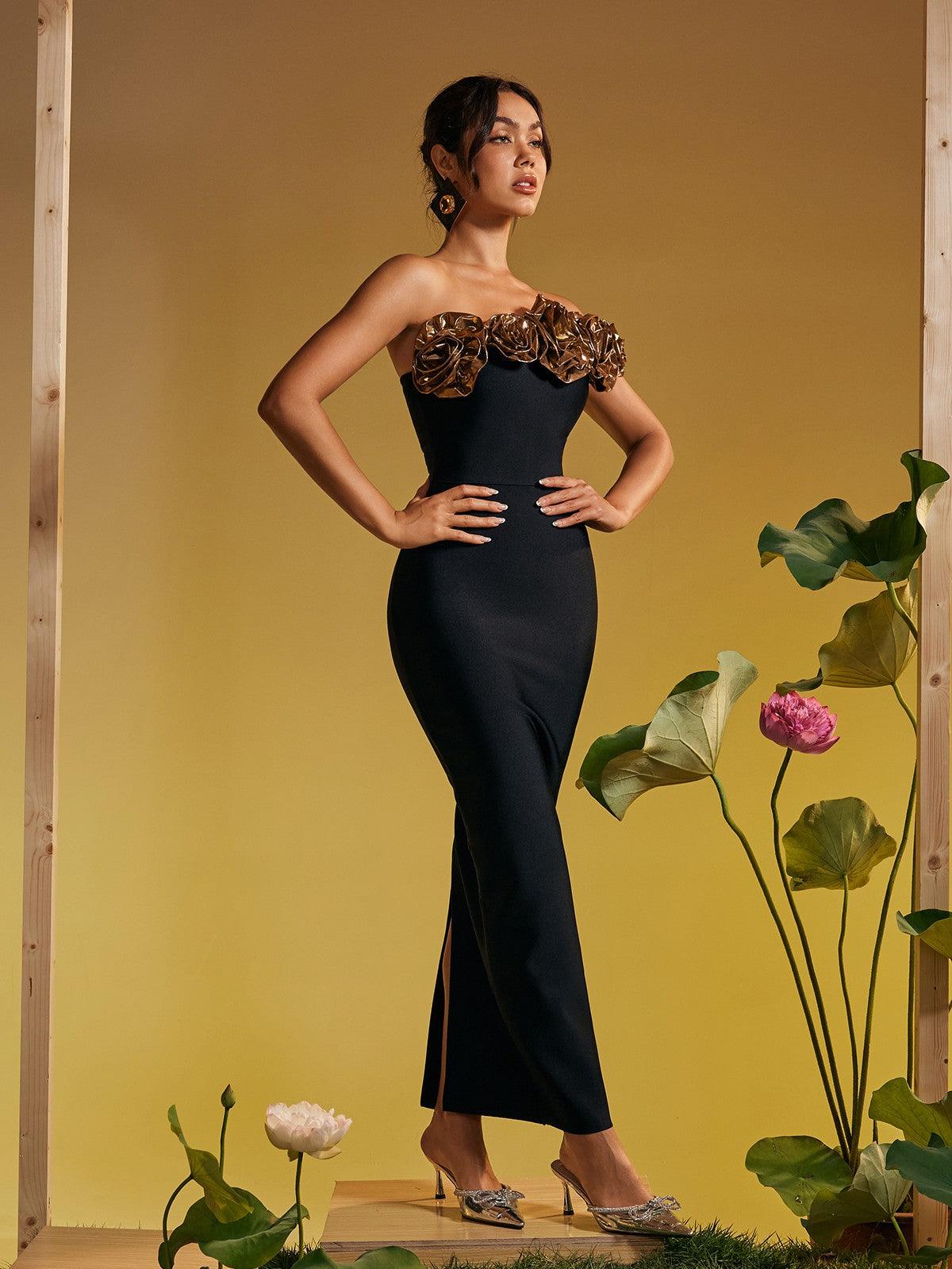 ARNAU ONE SHOULDER FLOWER BANDAGE MAXI DRESS
