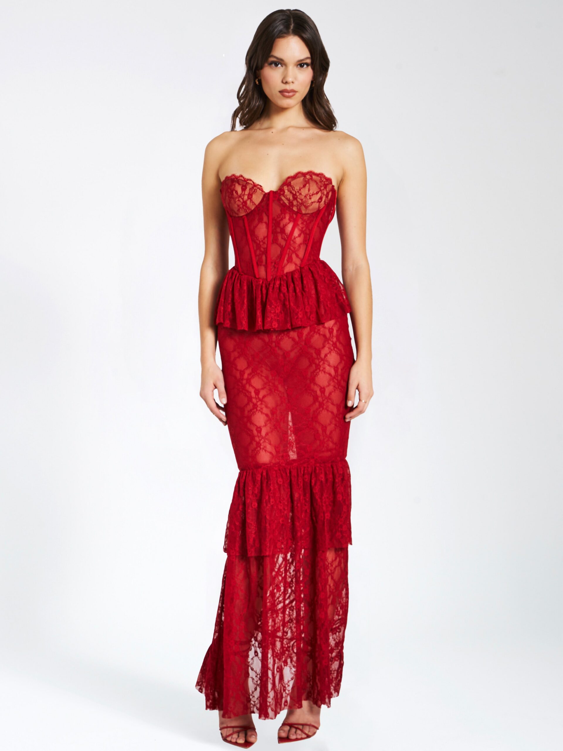ZEN BURGUNDY LACE CORSET MAXI DRESS
