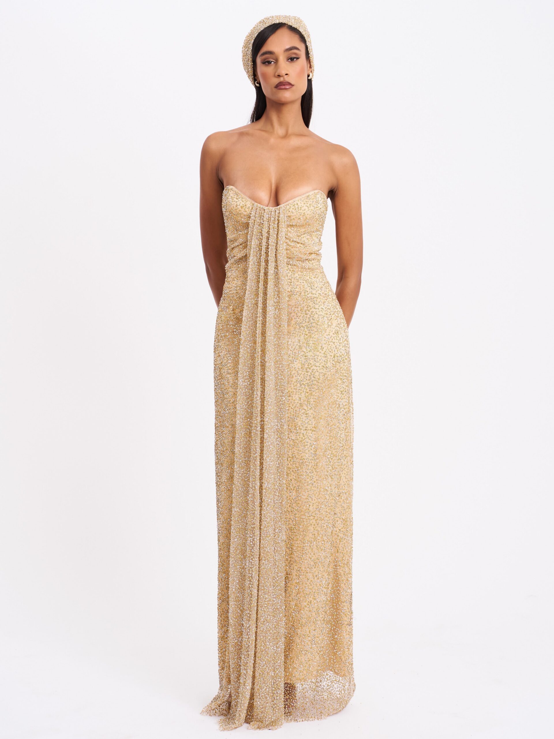 GLAMOUR GOLD RHINESTONE STRAPLESS GOWN WITH HEAD SCARF