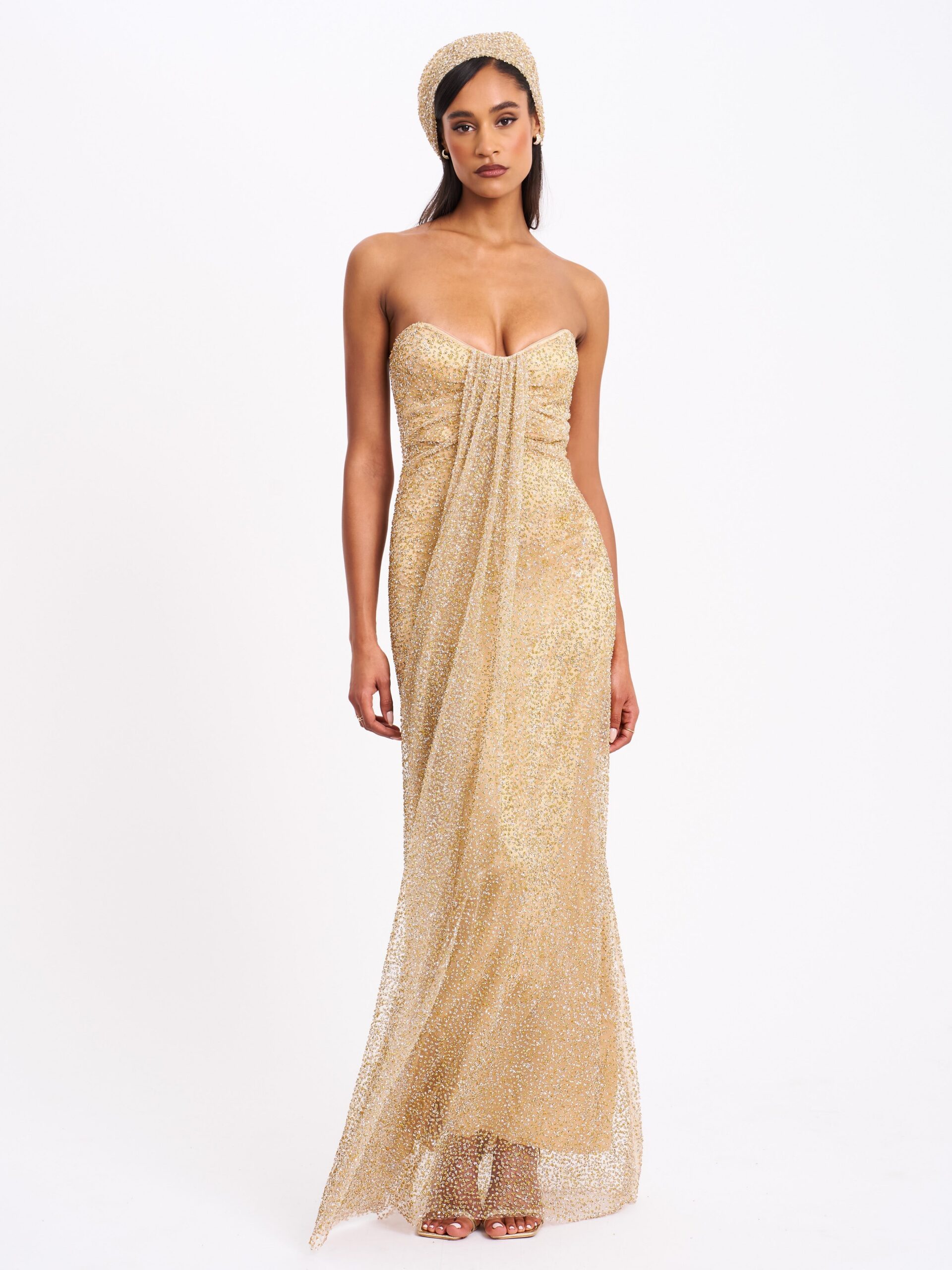 GLAMOUR GOLD RHINESTONE STRAPLESS GOWN WITH HEAD SCARF
