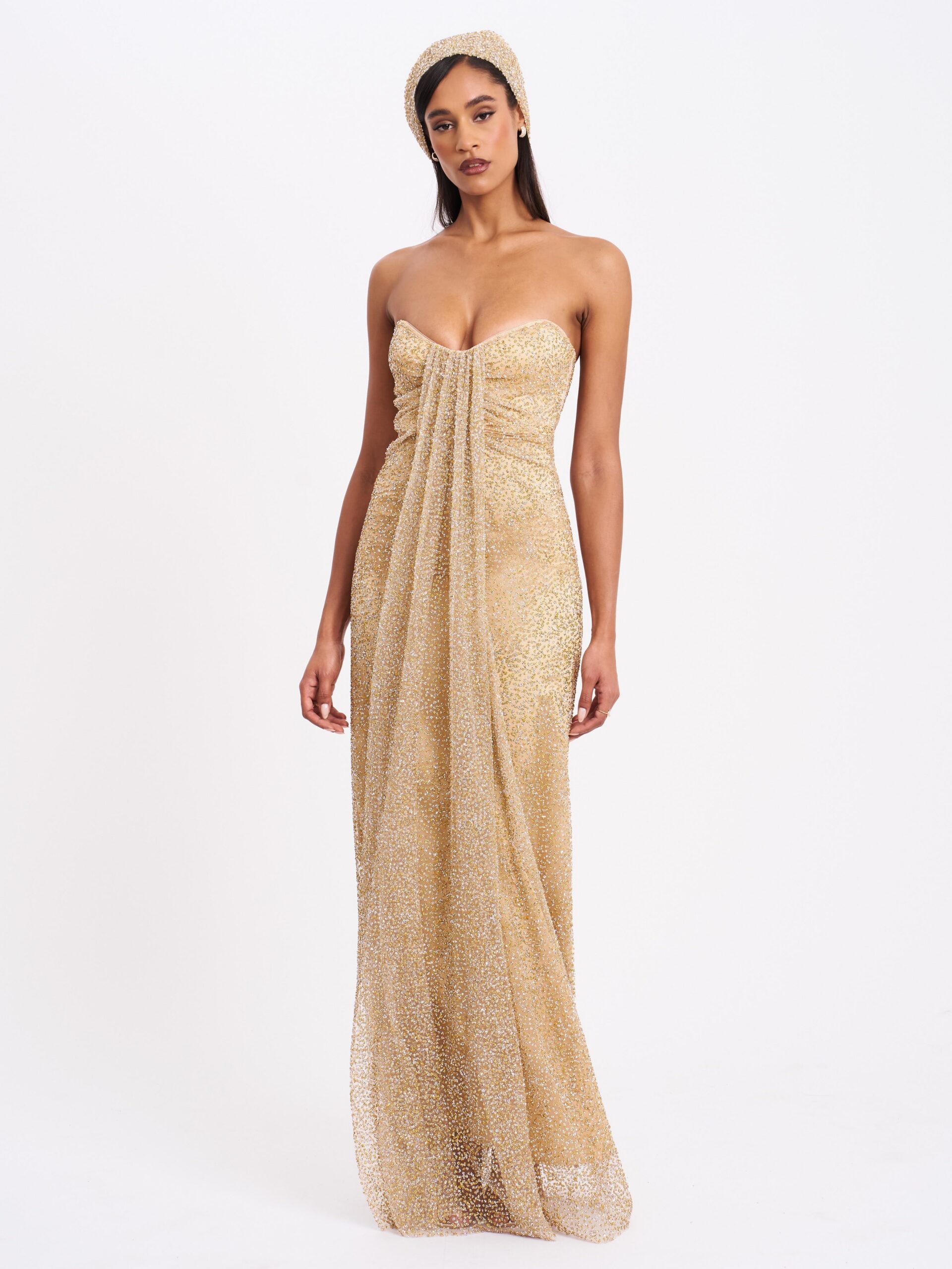 GLAMOUR GOLD RHINESTONE STRAPLESS GOWN WITH HEAD SCARF
