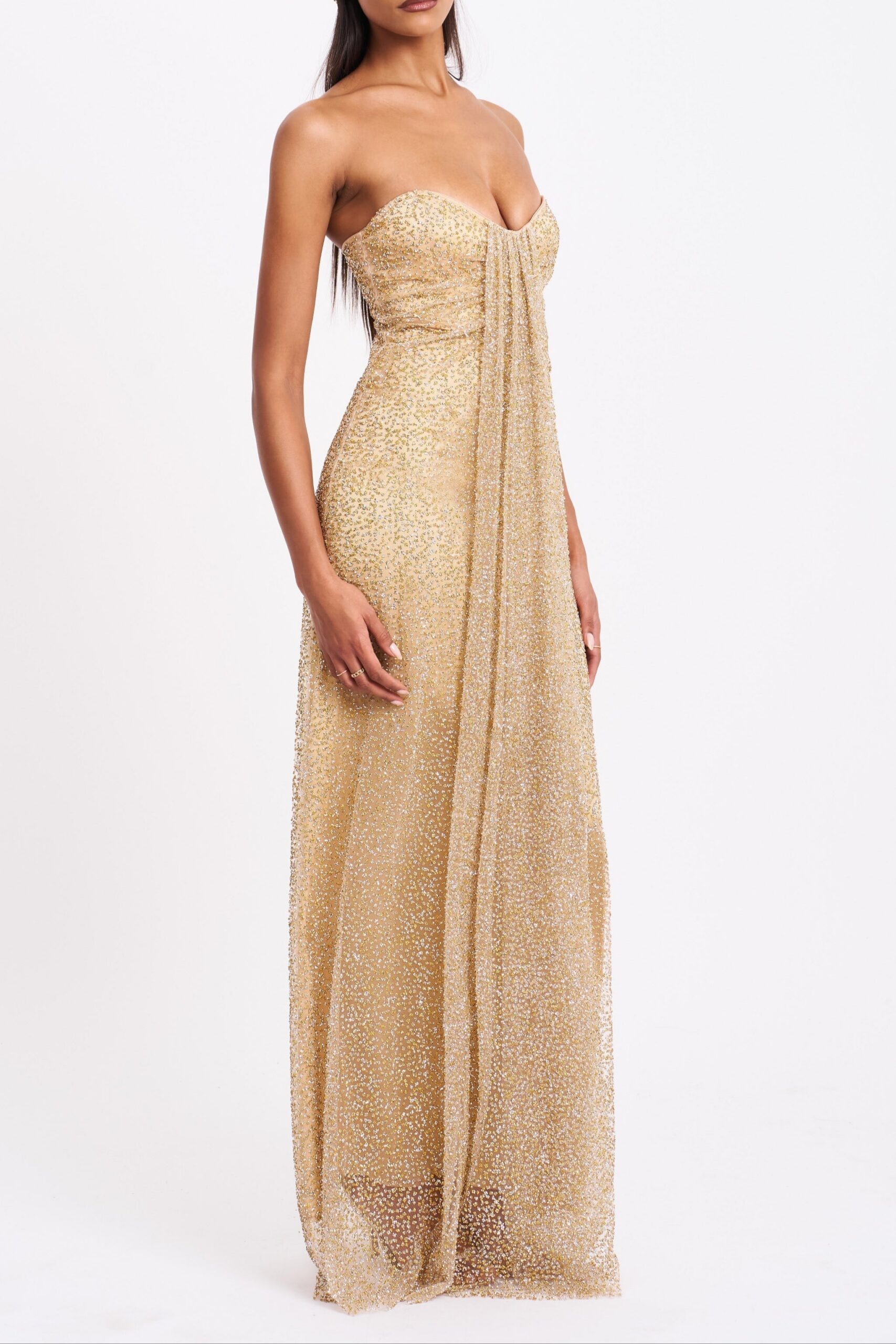 GLAMOUR GOLD RHINESTONE STRAPLESS GOWN WITH HEAD SCARF