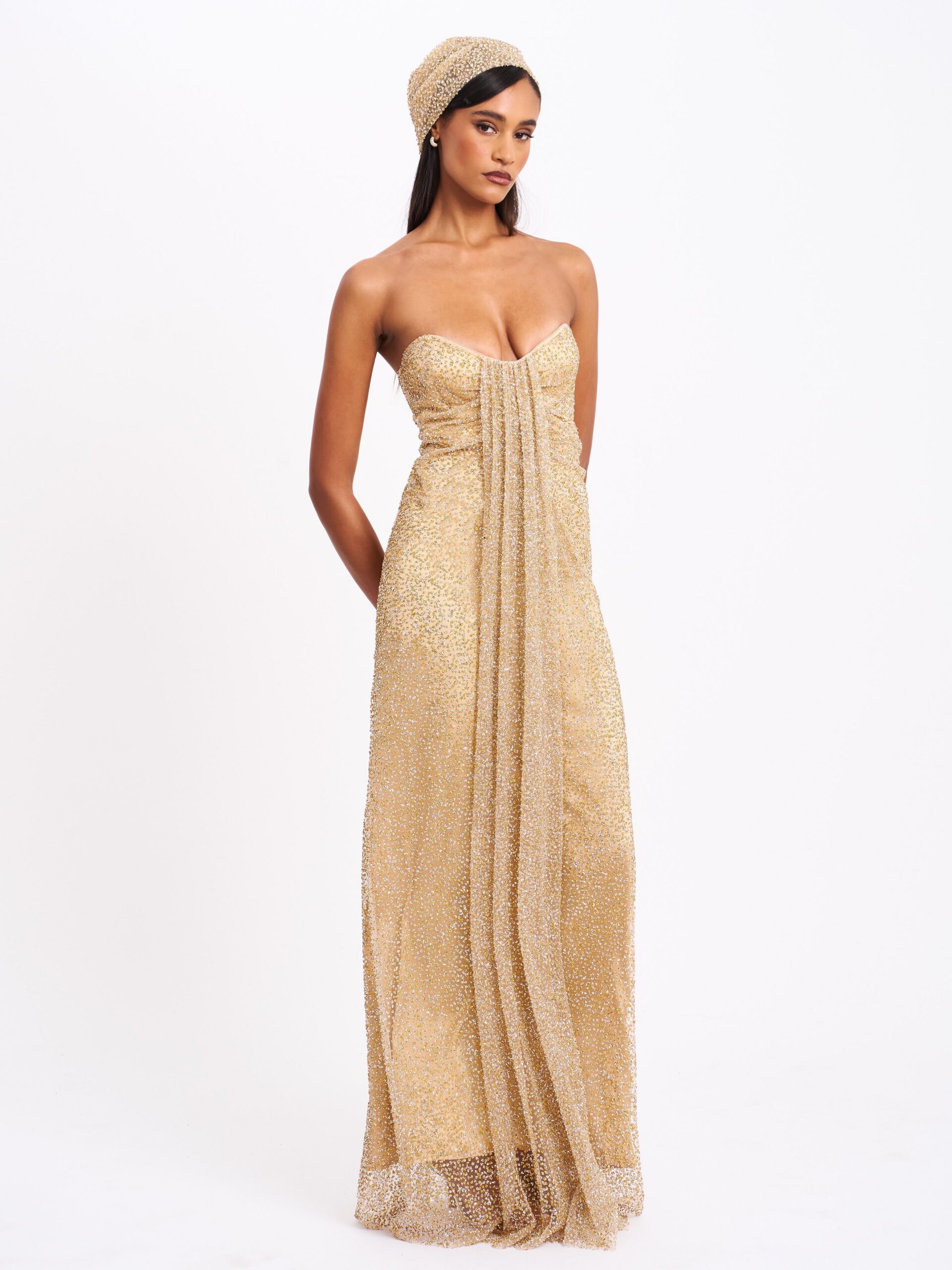 GLAMOUR GOLD RHINESTONE STRAPLESS GOWN WITH HEAD SCARF