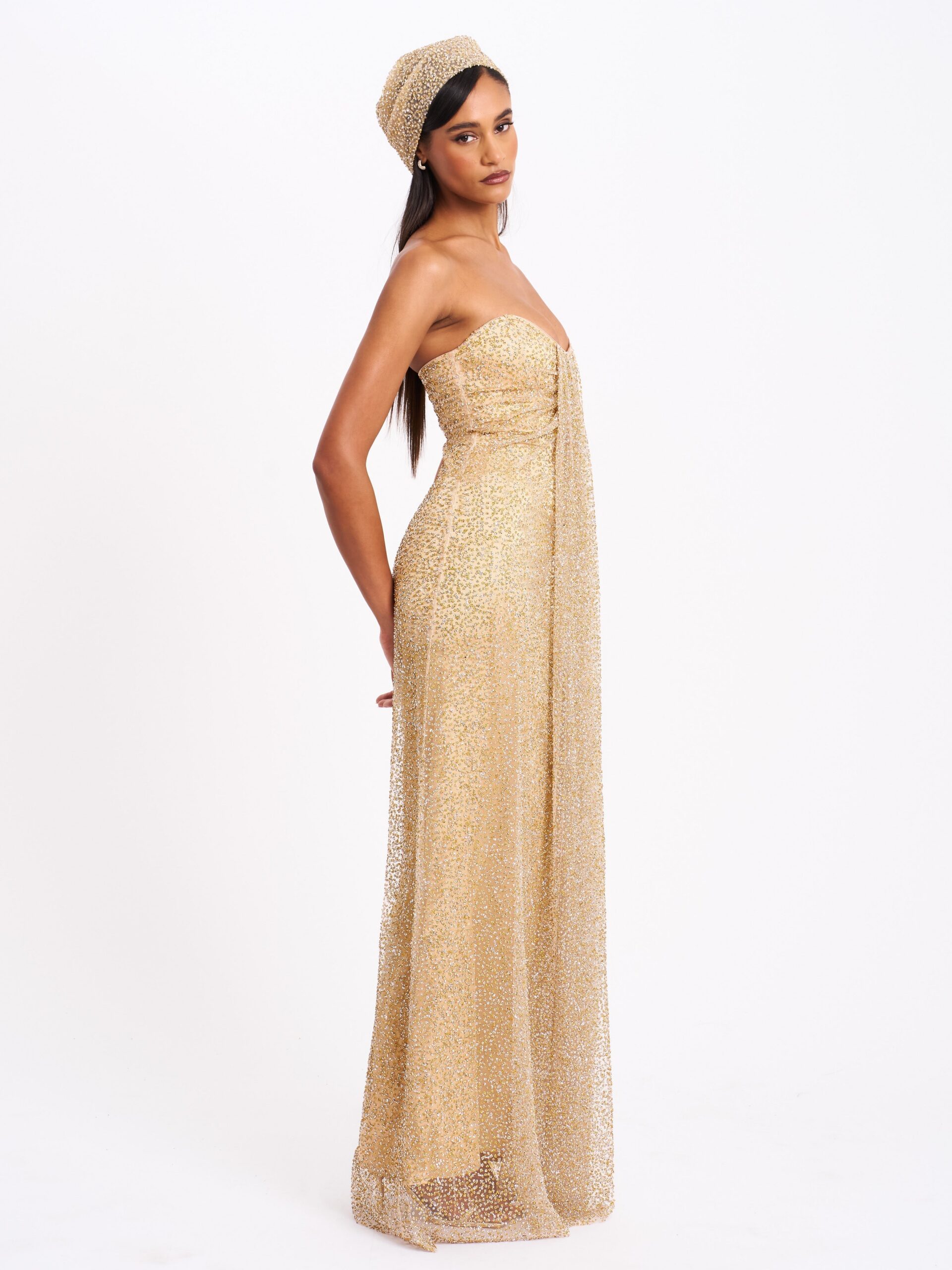 GLAMOUR GOLD RHINESTONE STRAPLESS GOWN WITH HEAD SCARF