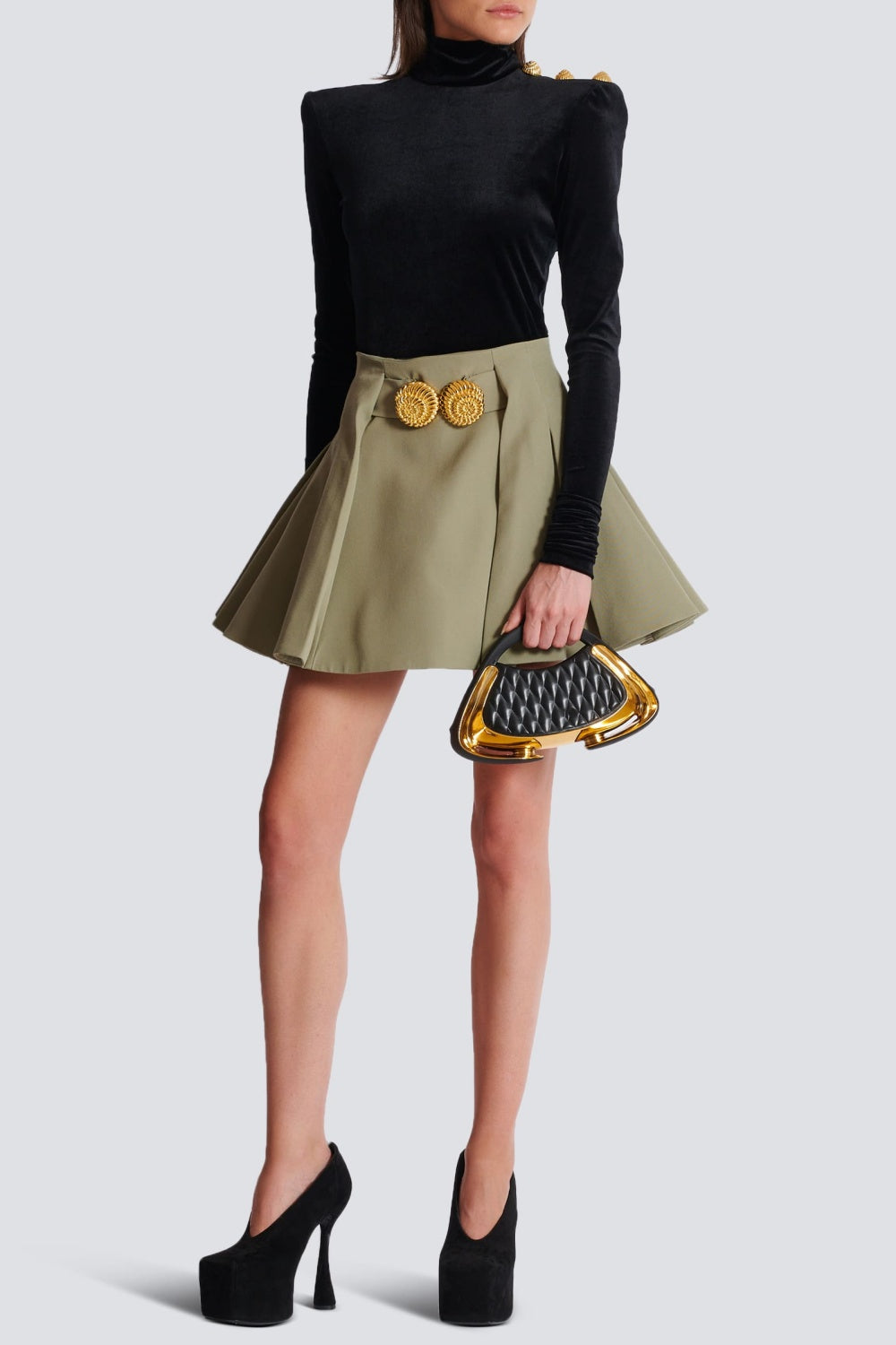 AsinaGoldButtonedMiniSkirt-Khaki1_17748599-6fcd-4138-bb46-fcb5f887066a GRAIN DE POUDRE PLEATED MINI SKIRT FOR WORK
