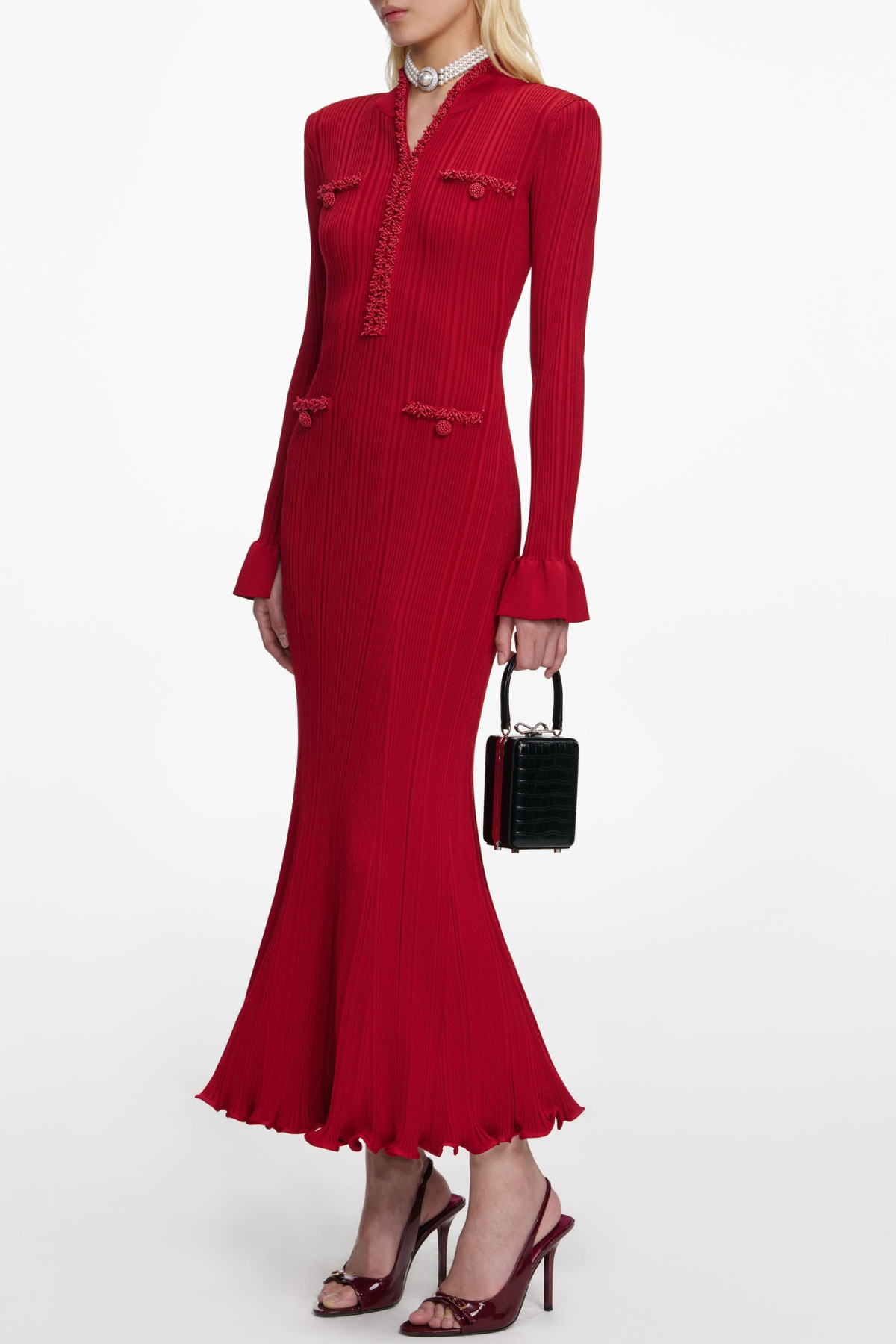 AUSTIO PEARL TRIM KNIT MIDI DRESS FOR EVENTS