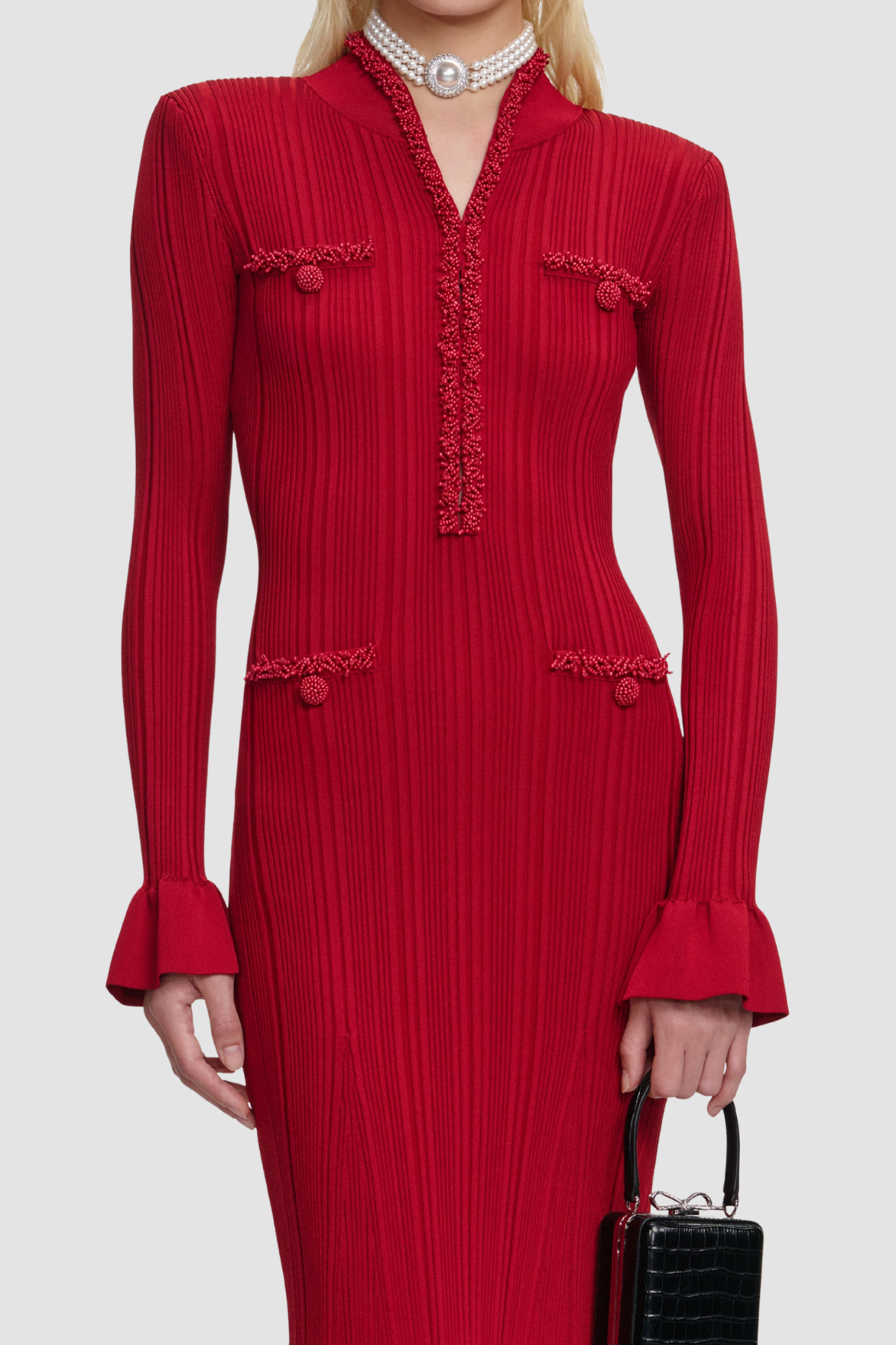 AUSTIO PEARL TRIM KNIT MIDI DRESS FOR EVENTS