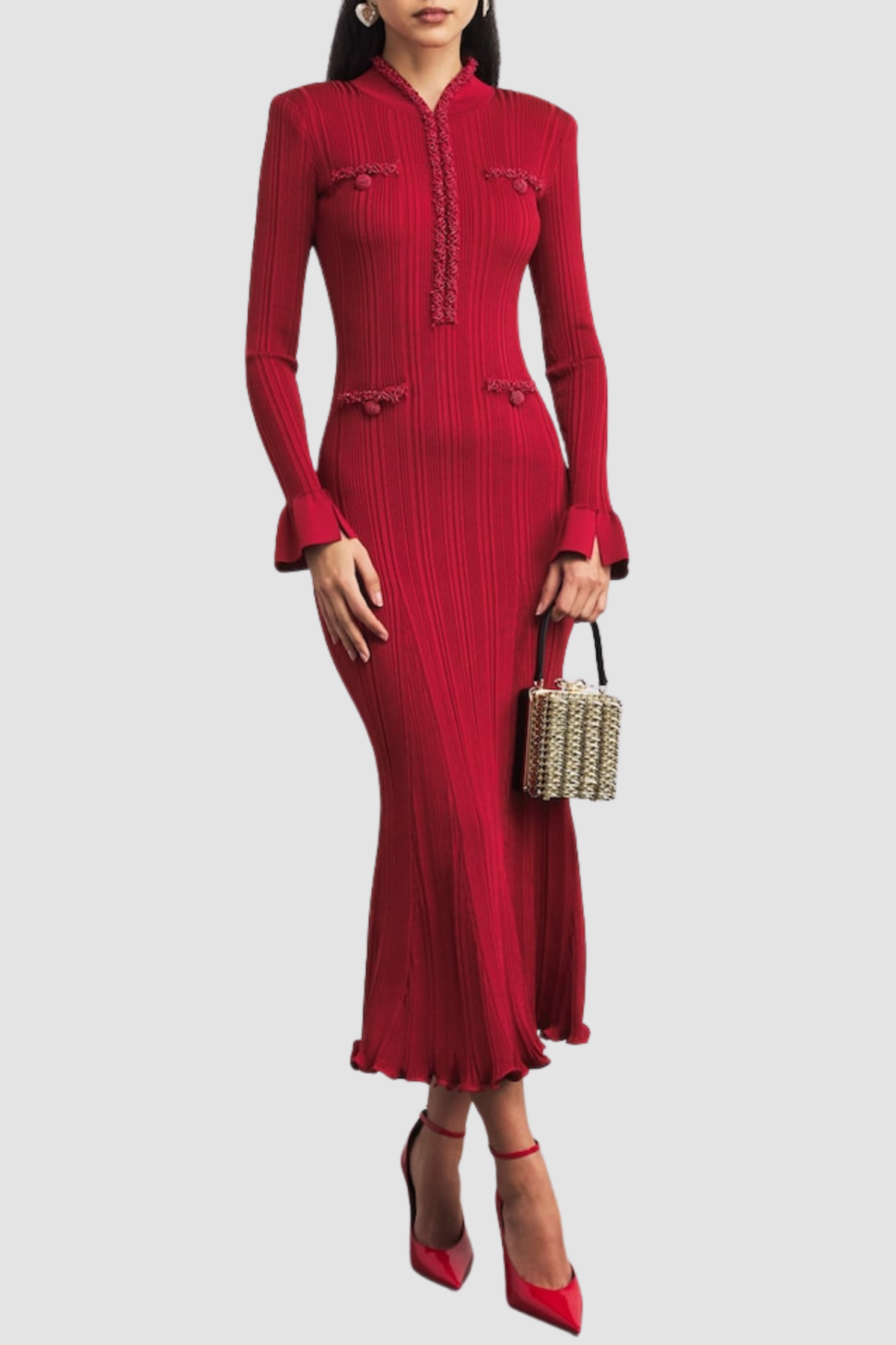 AUSTIO PEARL TRIM KNIT MIDI DRESS FOR EVENTS
