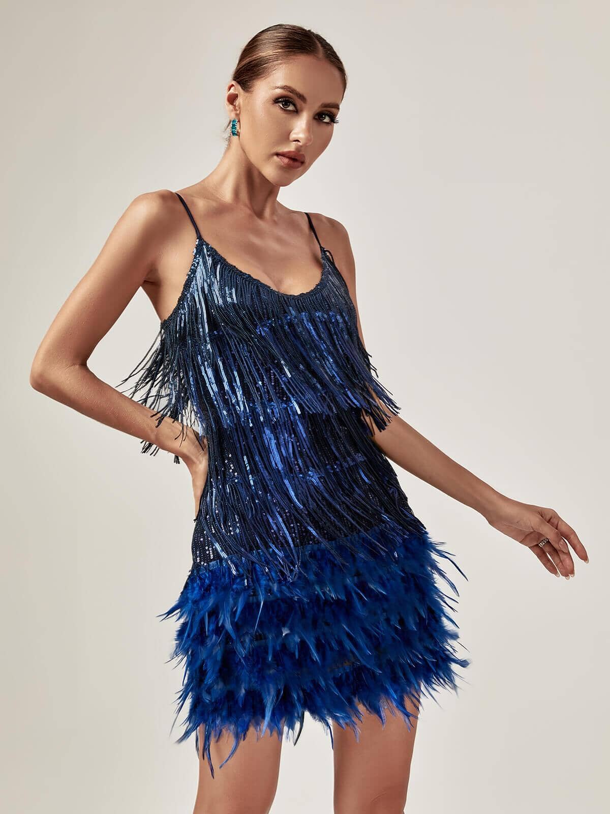TASSEL FEATHER MINI DRESS, ROYAL BLUE PARTY