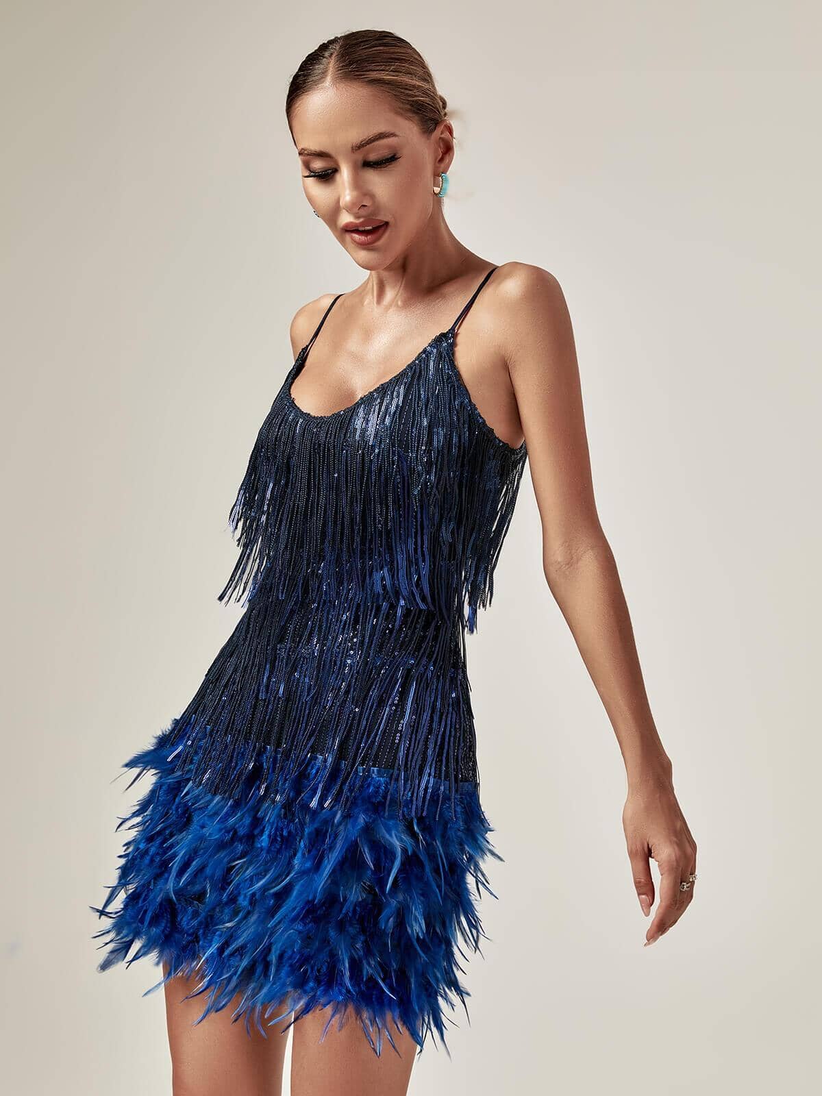 TASSEL FEATHER MINI DRESS, ROYAL BLUE PARTY