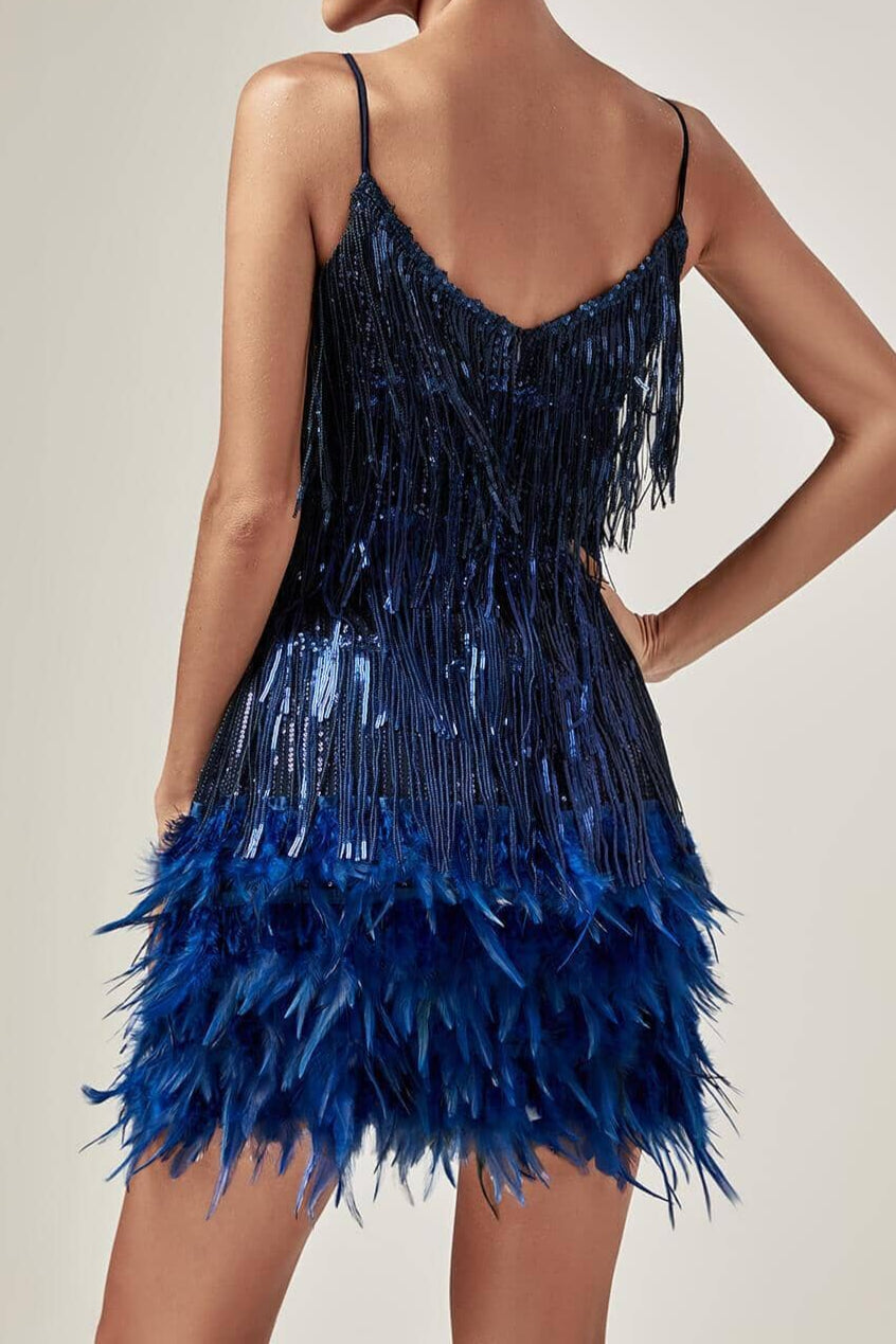 TASSEL FEATHER MINI DRESS, ROYAL BLUE PARTY